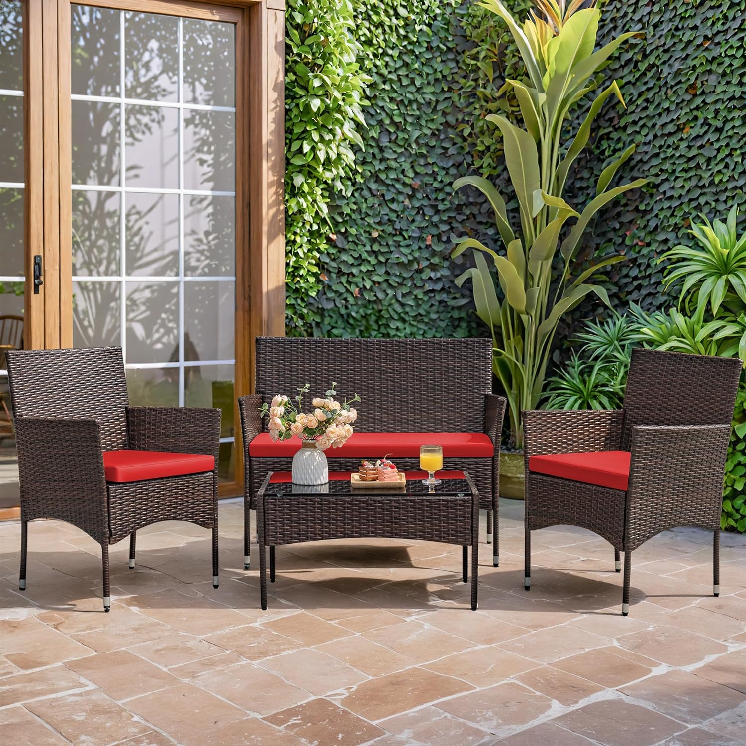 Homall 4 Pieces Outdoor Patio Furniture Sets Rattan Chair Wicker Set, Outdoor Indoor Use Backyard Porch Garden Poolside Balcony Furniture Sets Clearance (Brown and Beige)(Blue)