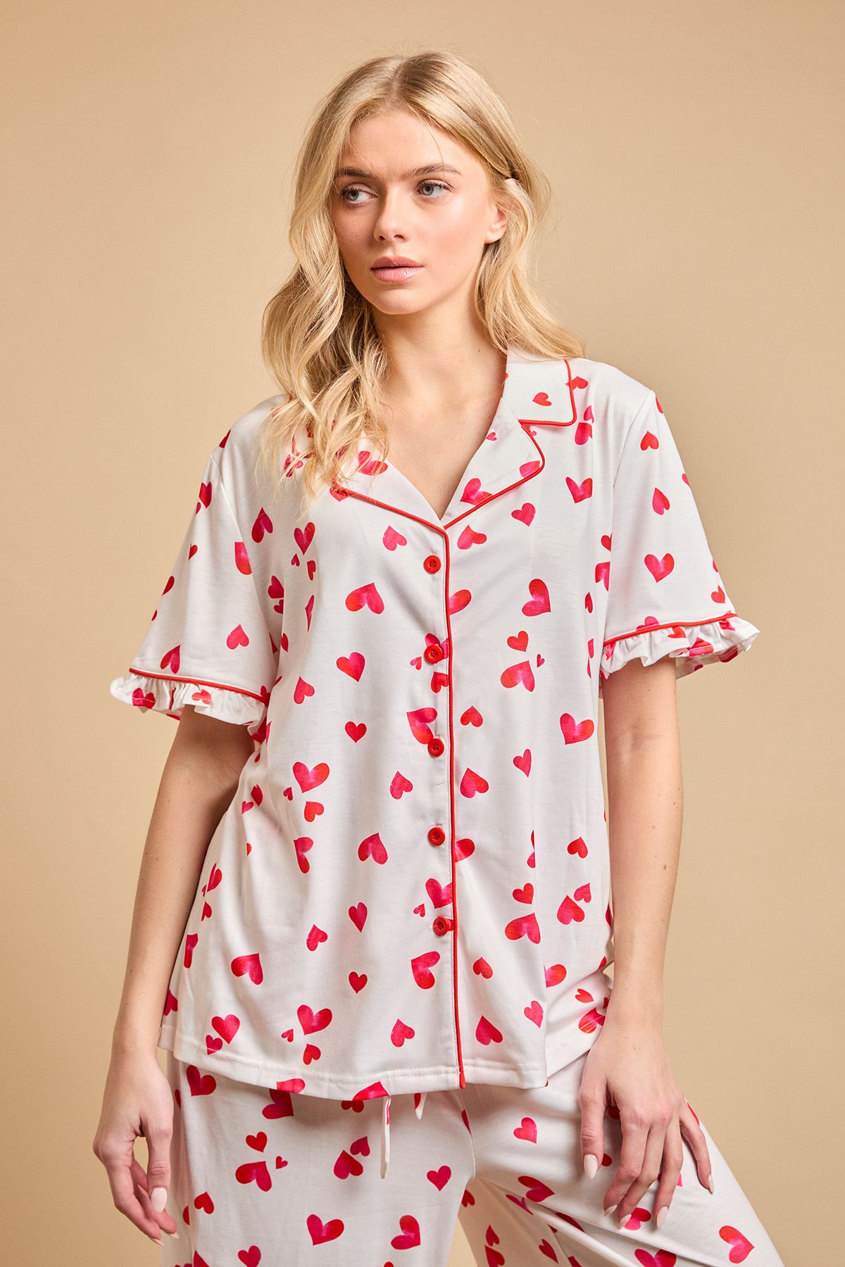 Oasis Red Hearts Short Sleeve Jersey Pyjama Set