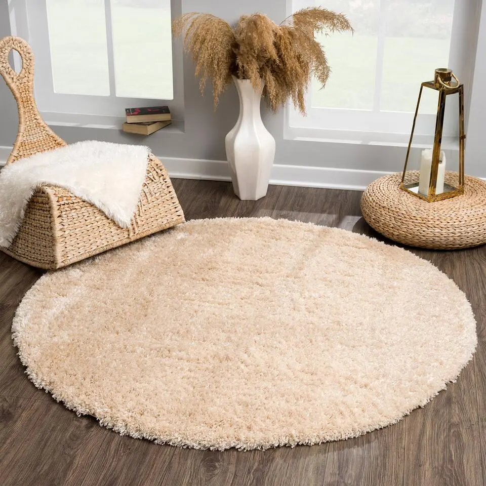 Porto Rond Soft Fluffy Vloerkleed Hoogpolig Effen Beige - 150 CM ROND