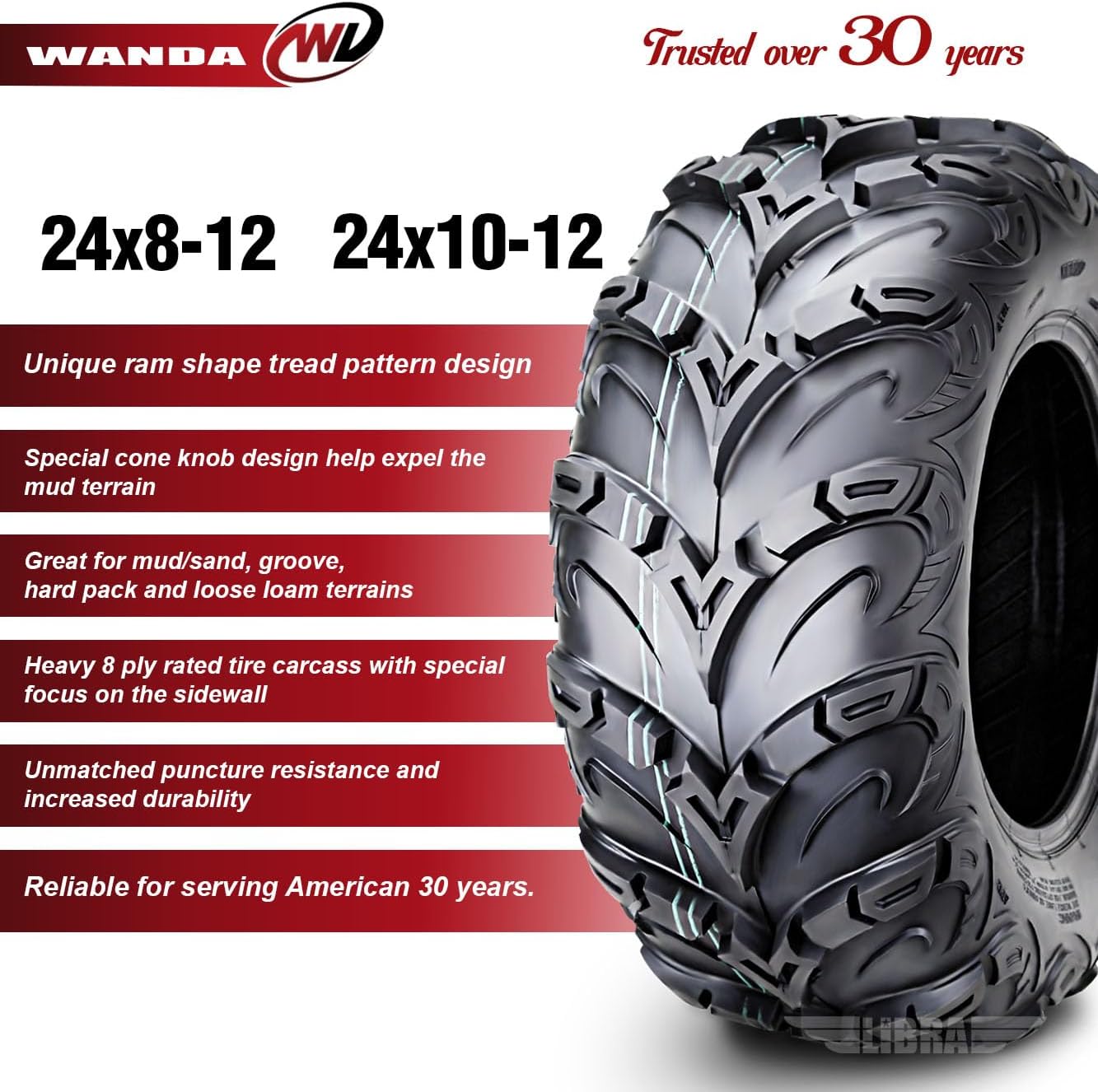 WANDA Set 4 Premium 8PR ATV UTV Tires 24X8-12 24x8x12 Front & 24x10-12 24x10x12 Rear