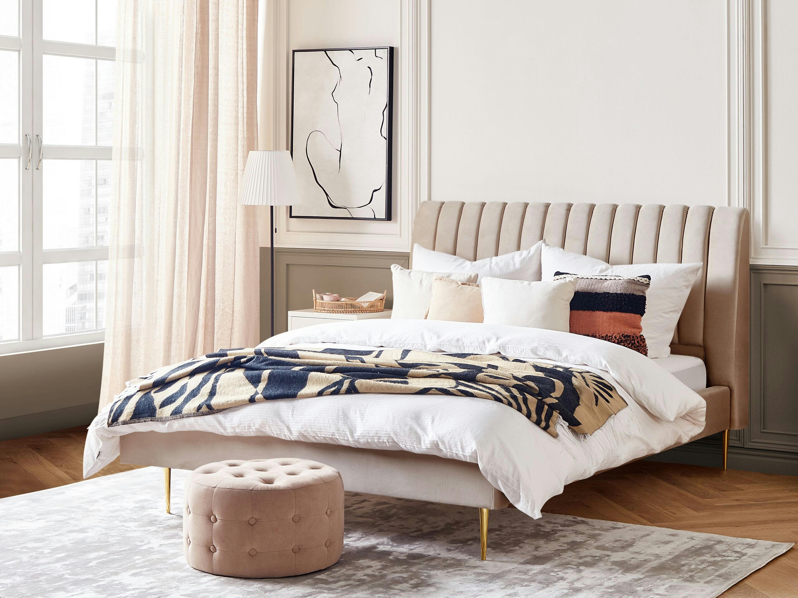 MARVILLE - Lit double en tissu beige 180x200