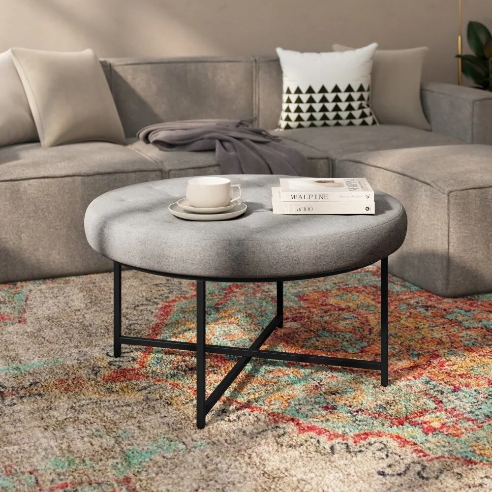 Tufted Round Cotton Linen Ottoman with Iron Frame