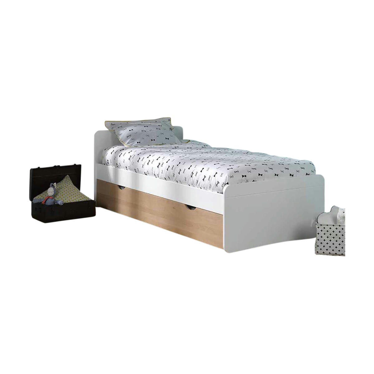 SPIKE - Pack lit gigogne avec 2 matelas 90x190 cm bois massif blanc et bois