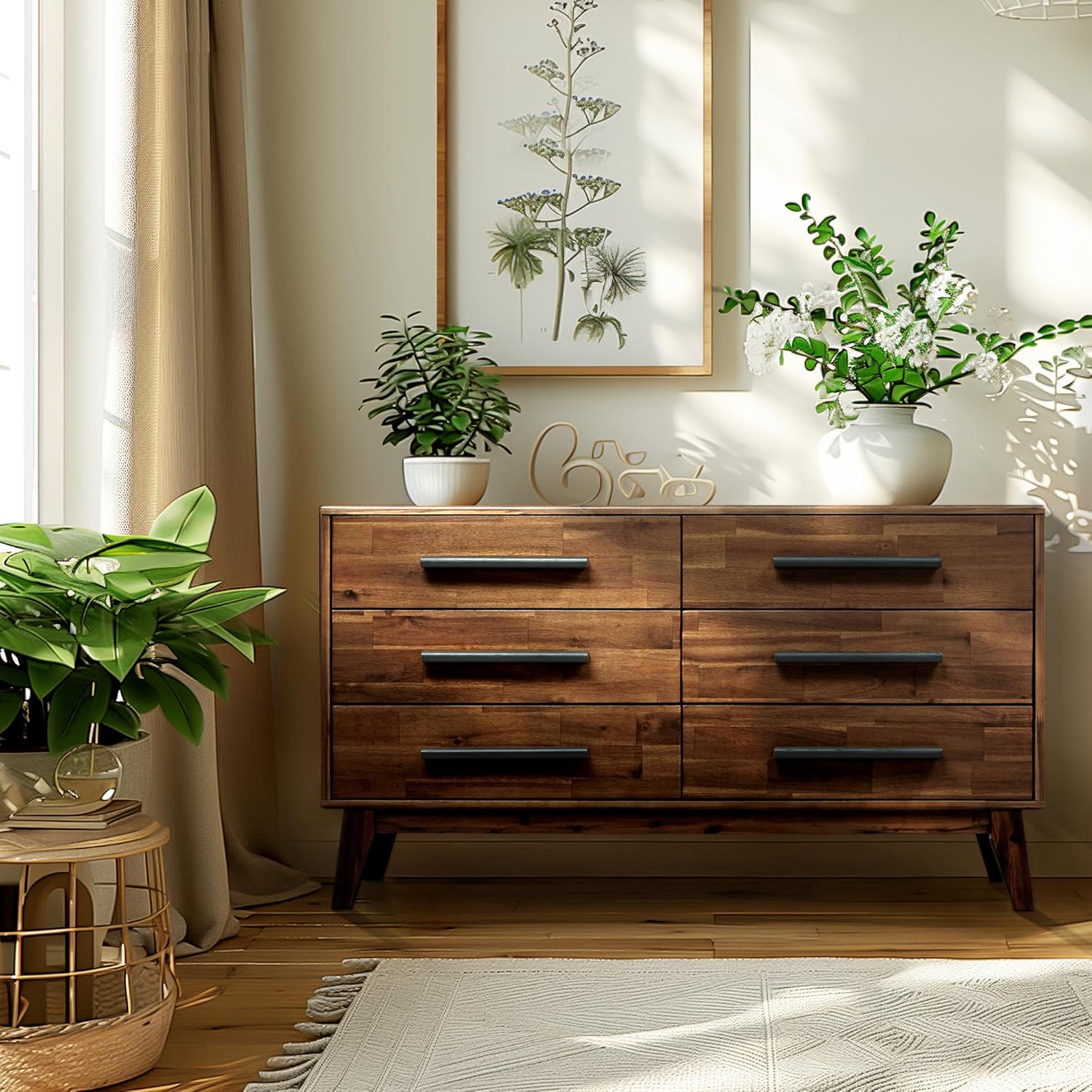 Acacia Legacy Dresser for Bedroom with 6 Drawers, Solid Wood Double Dresser for Bedroom, Living Room, Hallway, Walnut