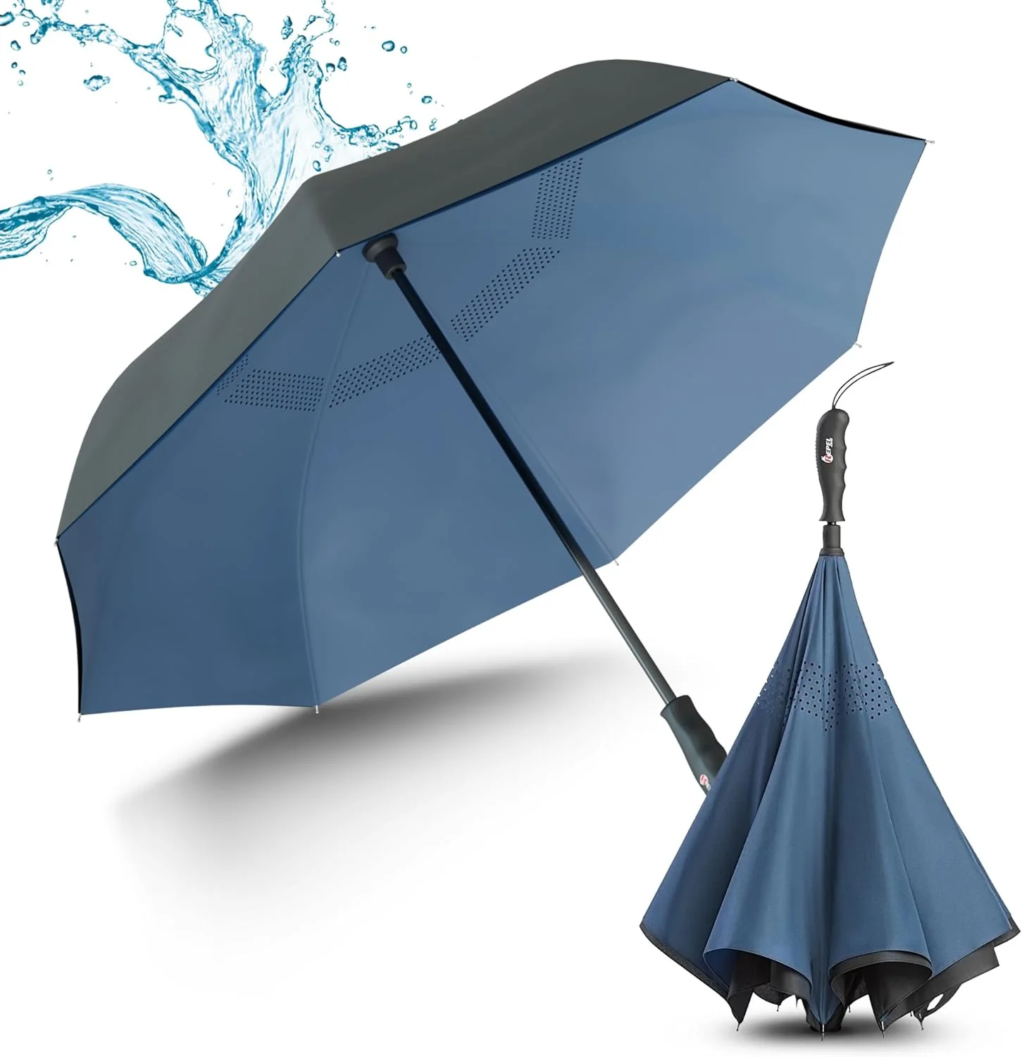 Umbrella with Sturdy Shaft, 8 Reinforced Ribs, Teflon Coating, Black-Navy Blue Inverted Umbrella Compact, Windproof Upside Down Umbrella for Women, Men, Inside Out Umbrella(Black-Navy Blue/Folding Umbrella)
