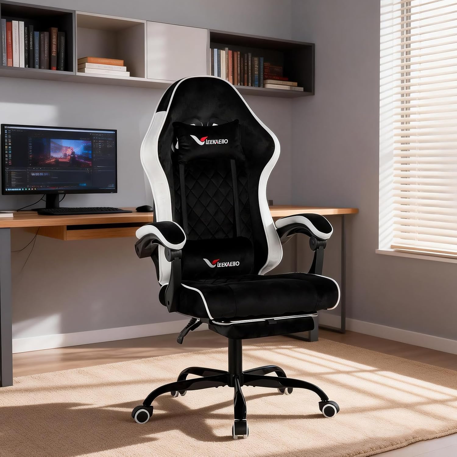 Velvet Gaming Chair for Adults with Pocket Spring Cushion Seat,Soft Gaming Chair Fabric with Extendable Footrest, Swivel Recliner with Ergonomic Lumbar Support and Headrest for Home/Office(White)