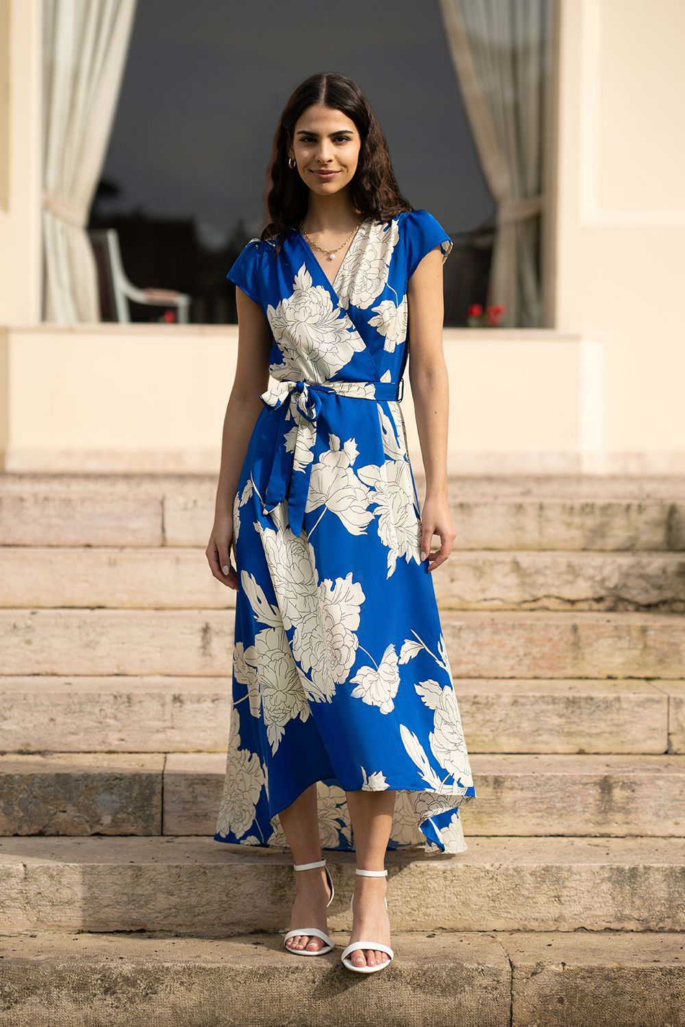 Yumi Blue Blossom Print Wrap Midi With Dipped Hem