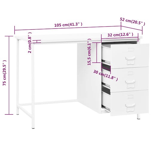 NNEVL Industrial Desk with Drawers White 105x52x75 cm Steel