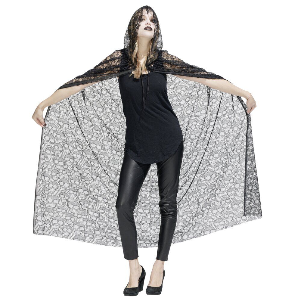 Déguisement Halloween femme Spirit cape dentelle tête de mort noir L150cm