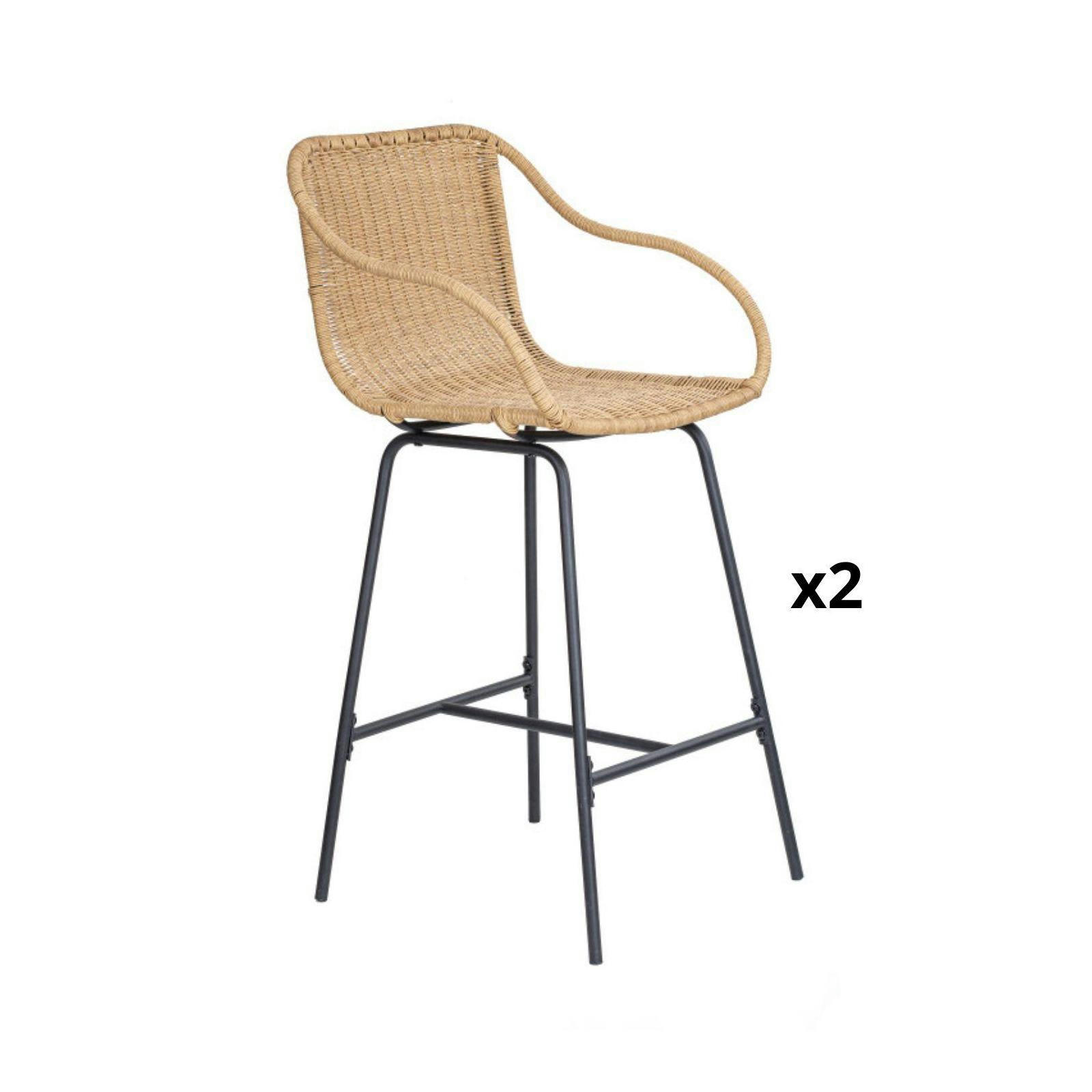 MOOREA - Chaises de bar et d'ilot 65 cm  en rotin synthétique et métal-Lot de 2