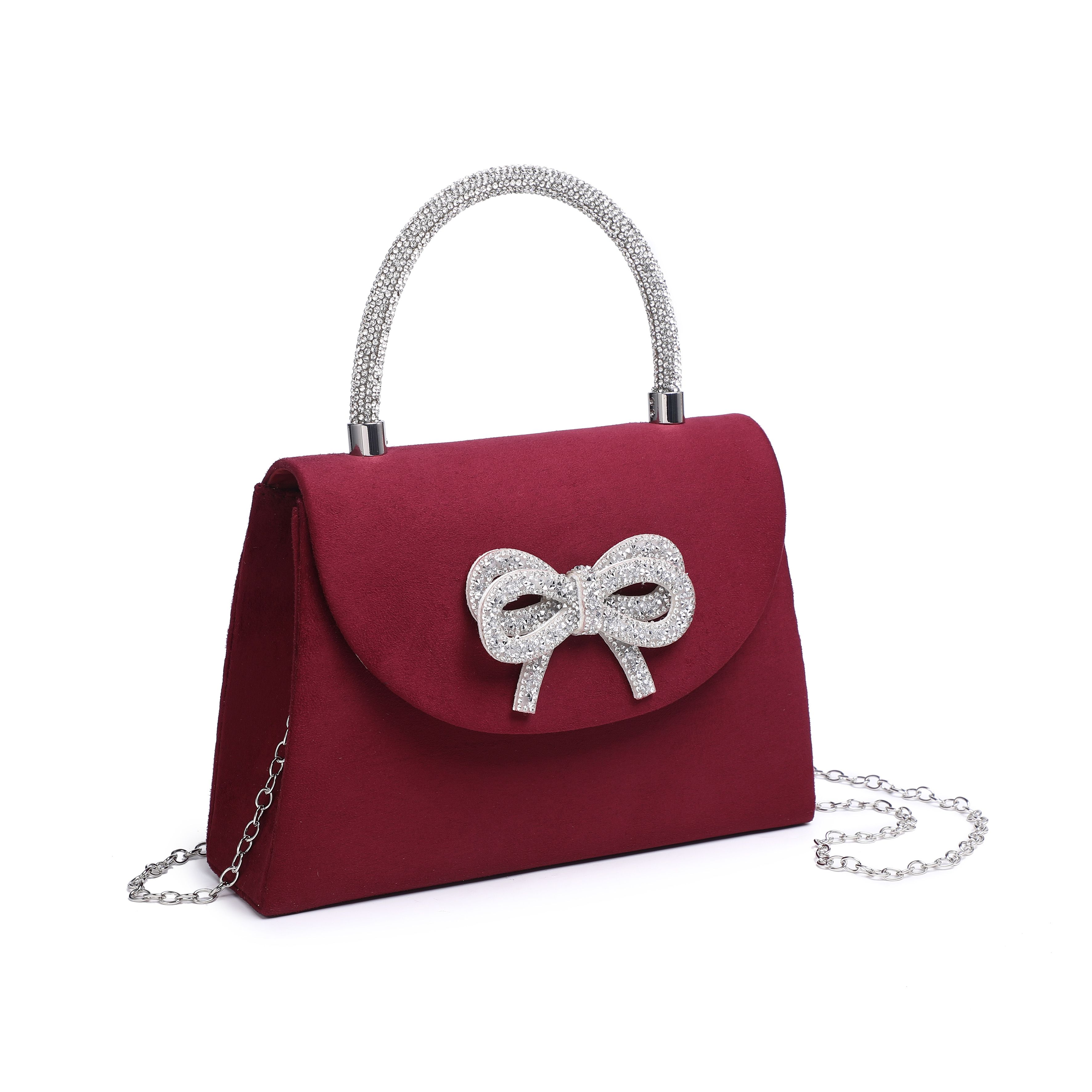 JFY Tie Diamante Embedded Top Handle Suede Clutch Bag