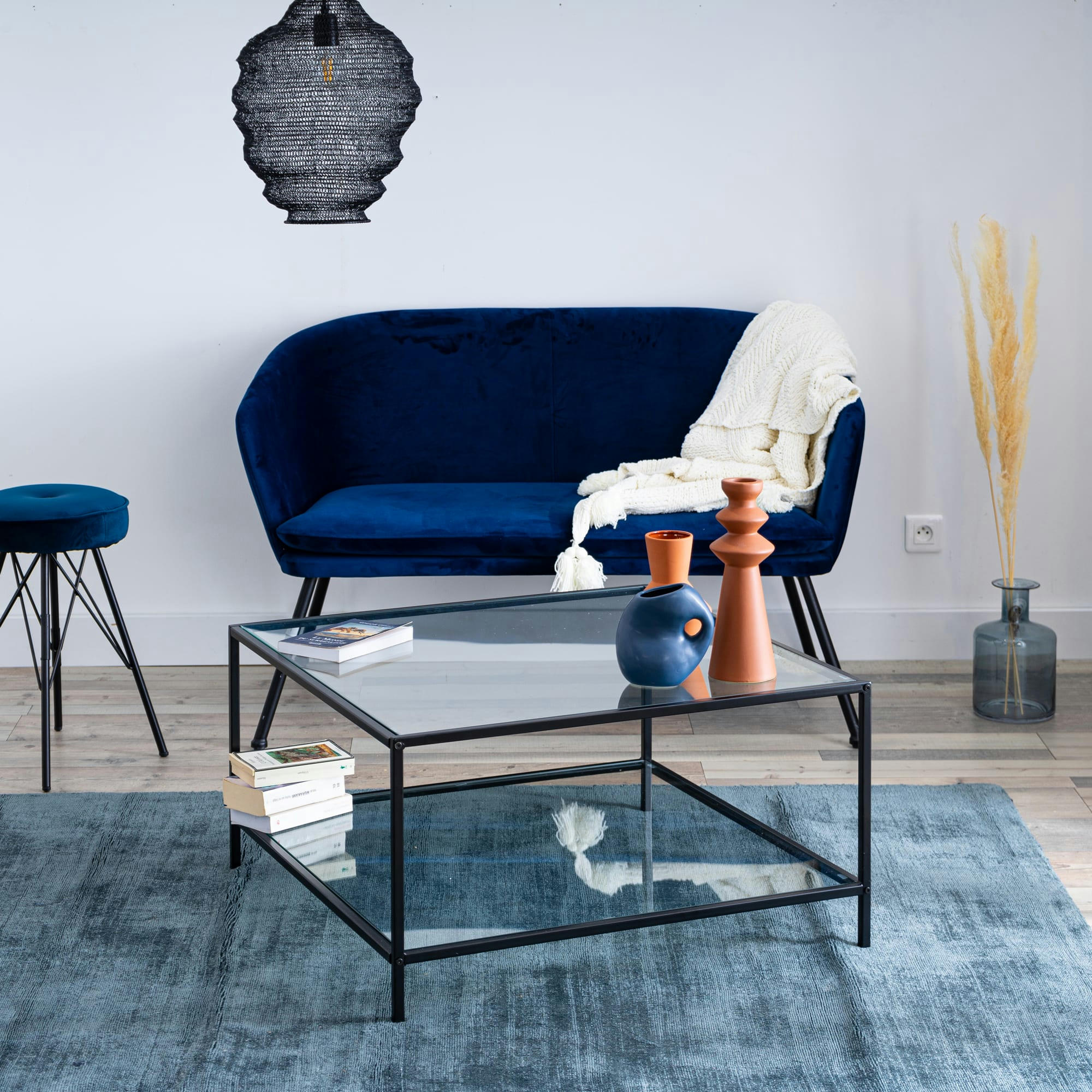 - Table Basse Industrielle Verre Trempé Cadre Acier 80*80*42cm