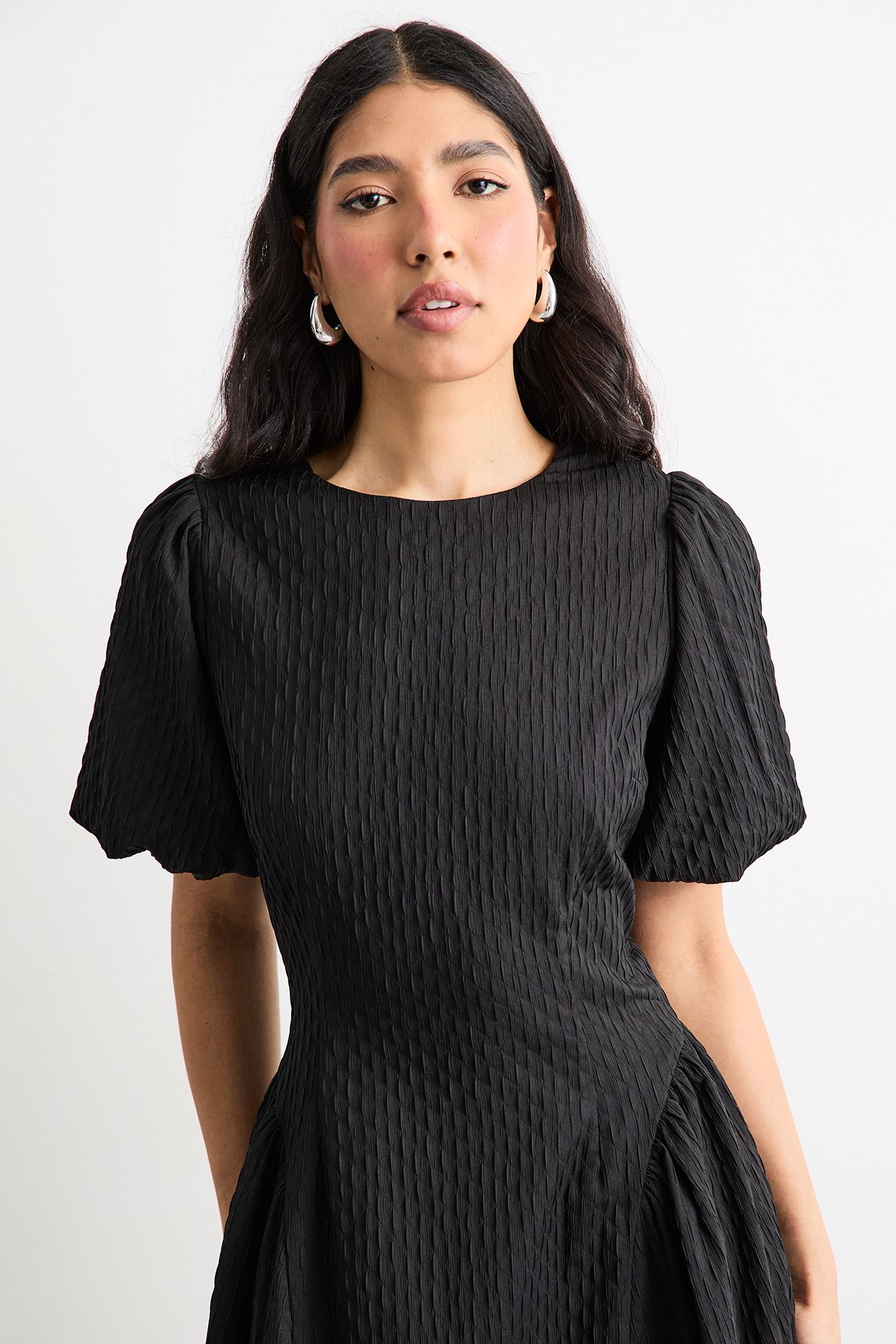 Warehouse Textured Godet Side Puff Sleeve Midi Dress