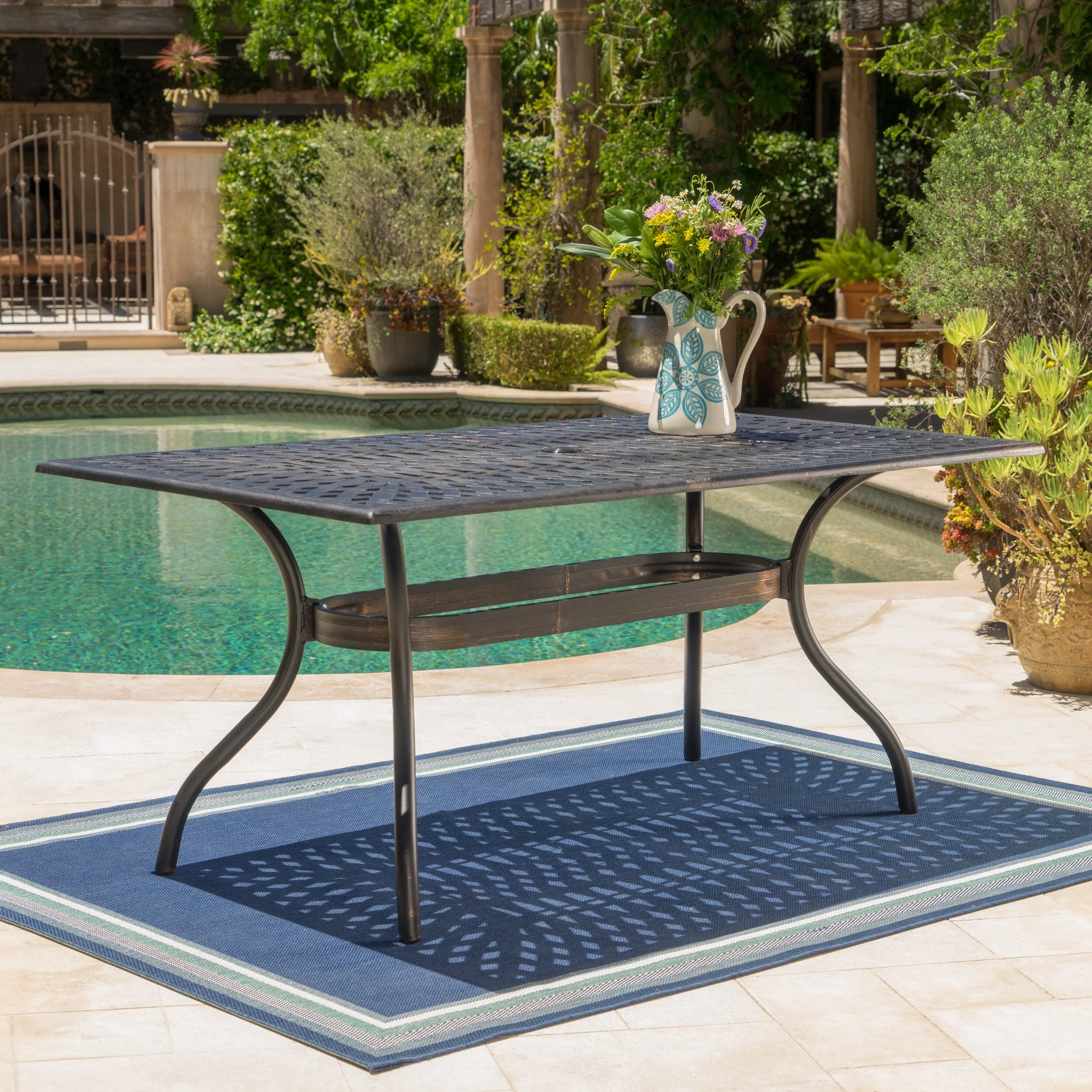 Roomfitters Rectangular Outdoor Dining Table with Lattice Top, Curved Legs and Shelf, Cast Aluminum, Bronze