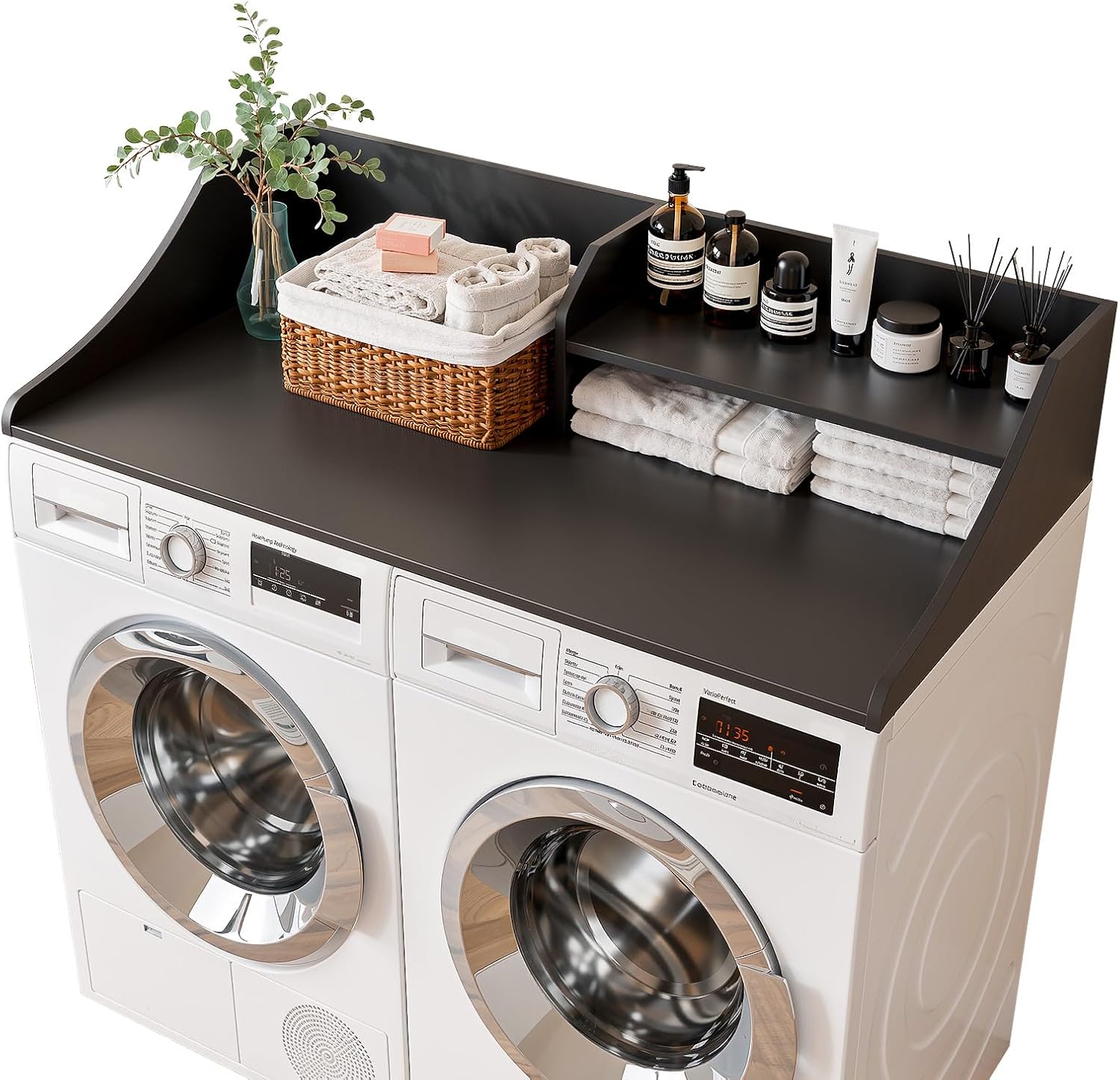 Memobarco 2 Tiers Washer Dryer Countertop, 54 Width x 27.5 Depth Laundry Countertop Organization, Wooden Washer and Dryer Topper for Folding, Sorting & Ironing, Easy to Install, Black