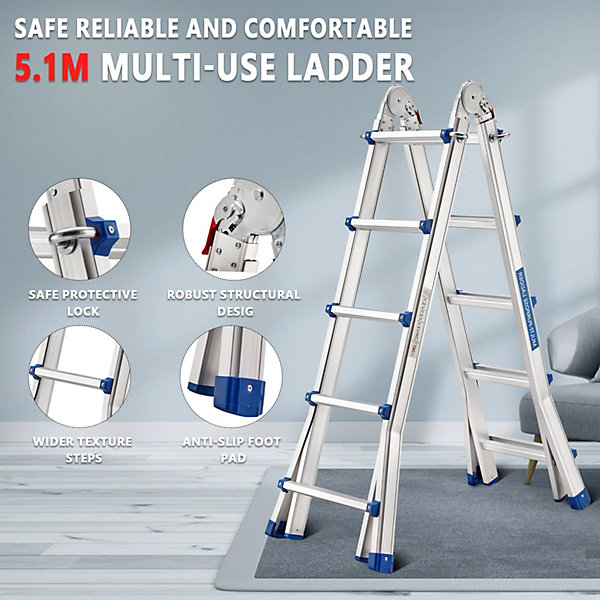 Aluminium Echelle télescopique 5.1 m, 3 en 1 Escalier articulé Pliable Télescopique Multifonction Aluminium 5 x 5 marches