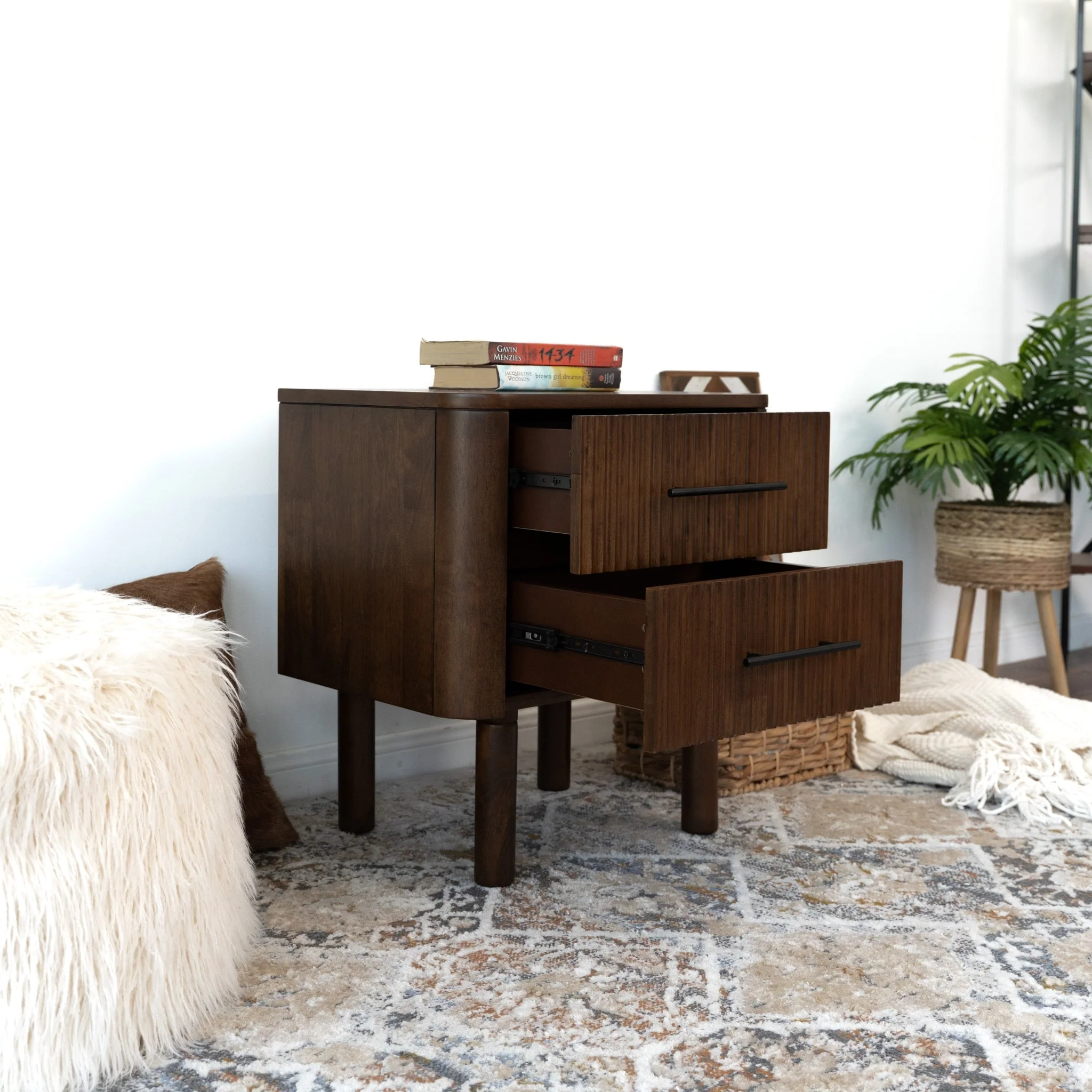 Ross Mid Century Modern Walnut Nightstand Bed Side Table with 2 Drawers