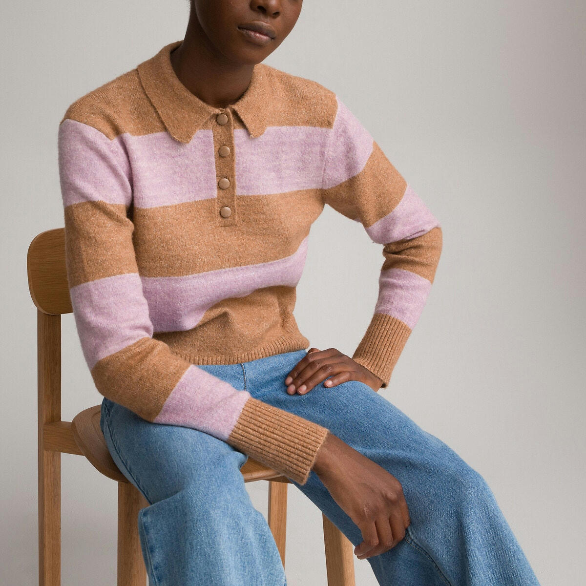 Pull col polo rayé en fine maille
