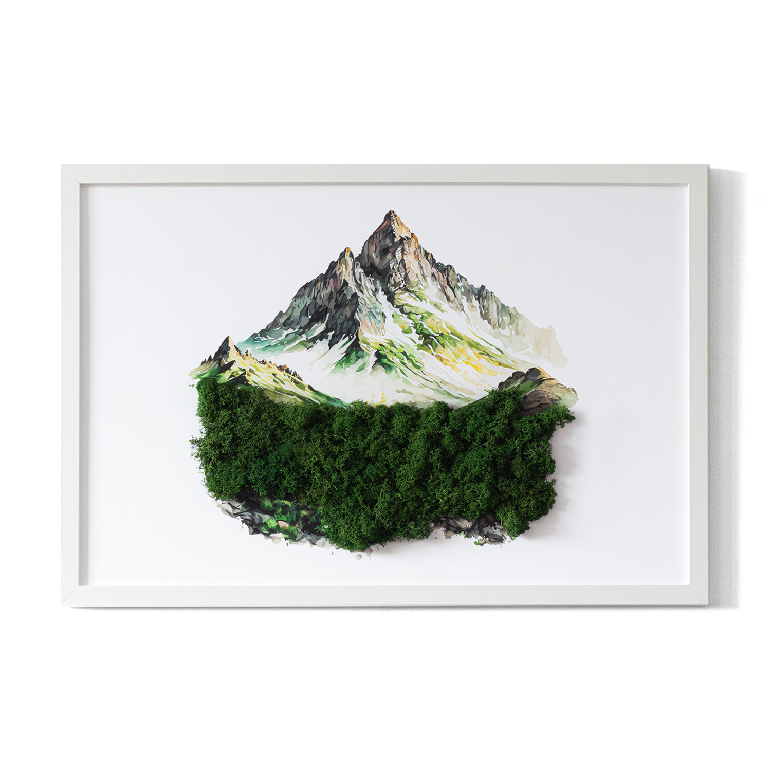 Obraz z mchem - Szczyt góry nad lasem 60x40 cm Biała Rama