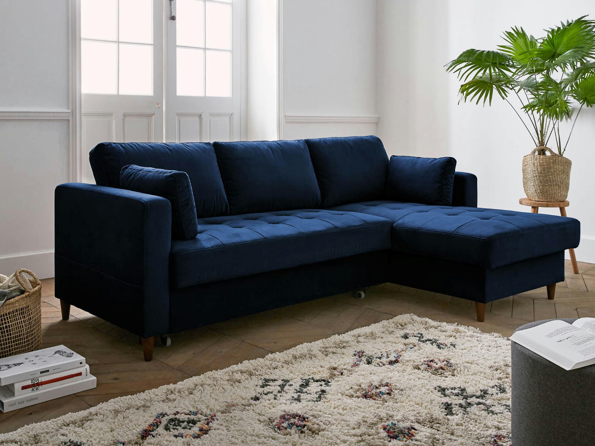 ANNA - Canapé d'angle droit convertible 4 places en velours bleu nuit