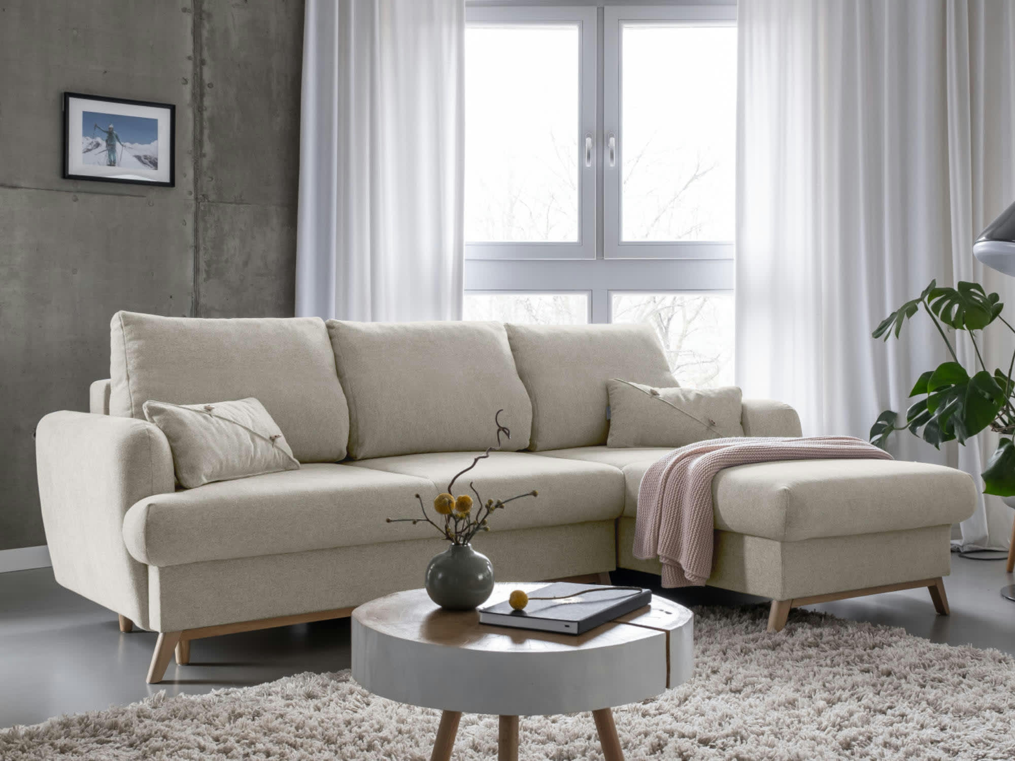 LAGOM - Canapé d'angle droit convertible 4 places en tissu beige