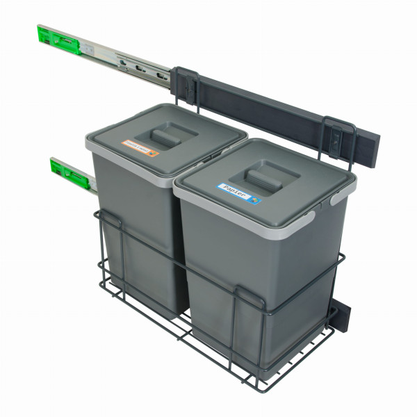Sortownik śmieci SLIM ANTRACYT Cichy domyk do szafki od 30cm 2x12 litrów