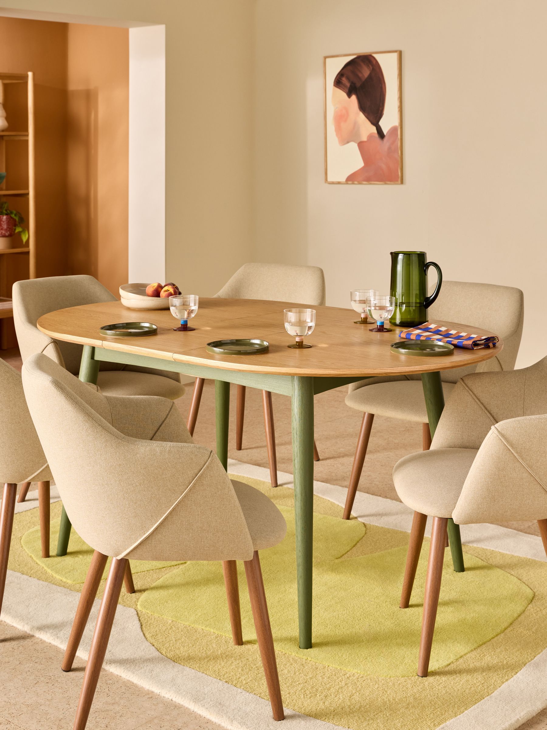 Deauville 4 to 6 Seater Oval Extending Dining Table in Oak and Green Legs