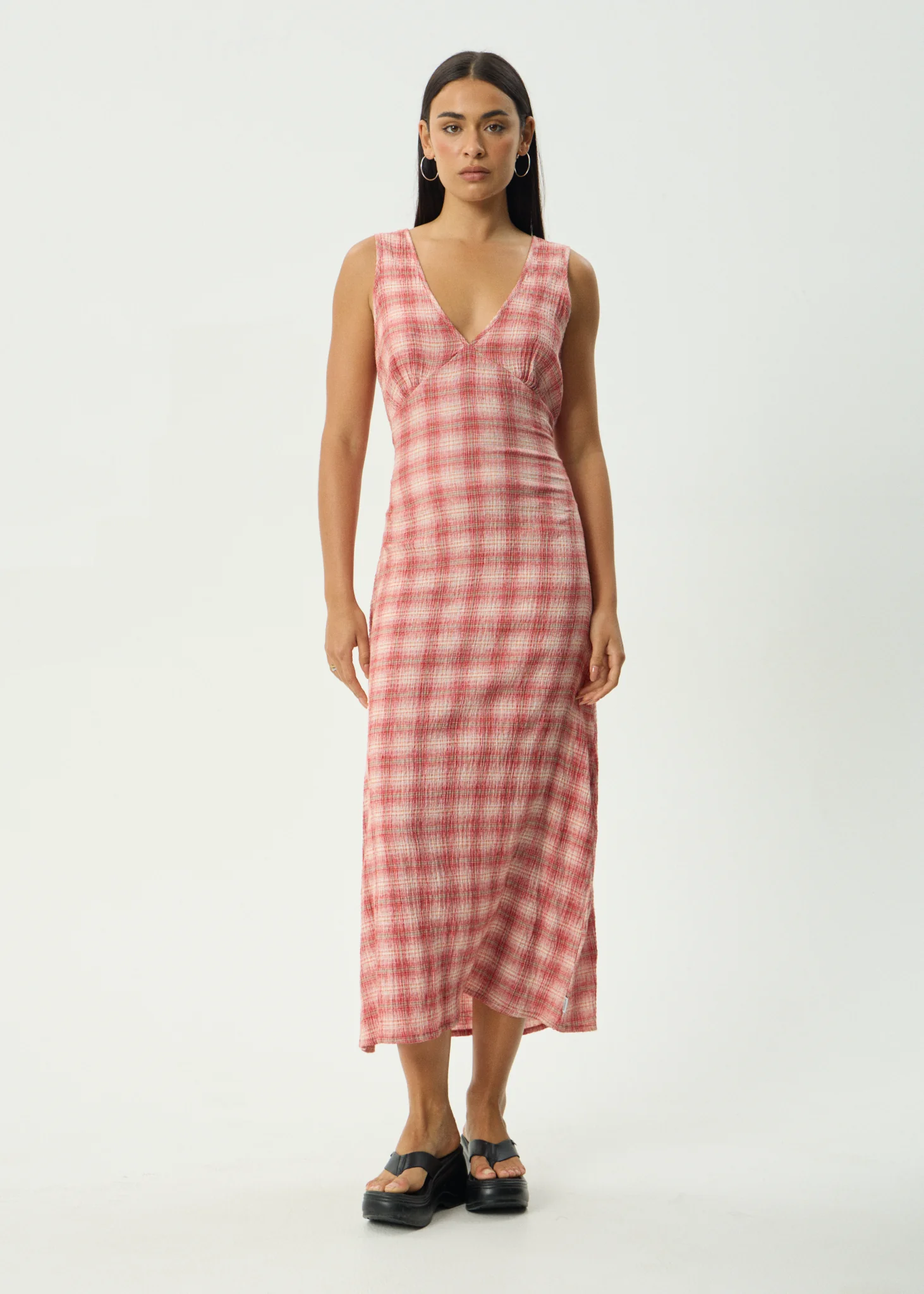 AFENDS Womens Position Tully - Seersucker Maxi Dress - Red Check