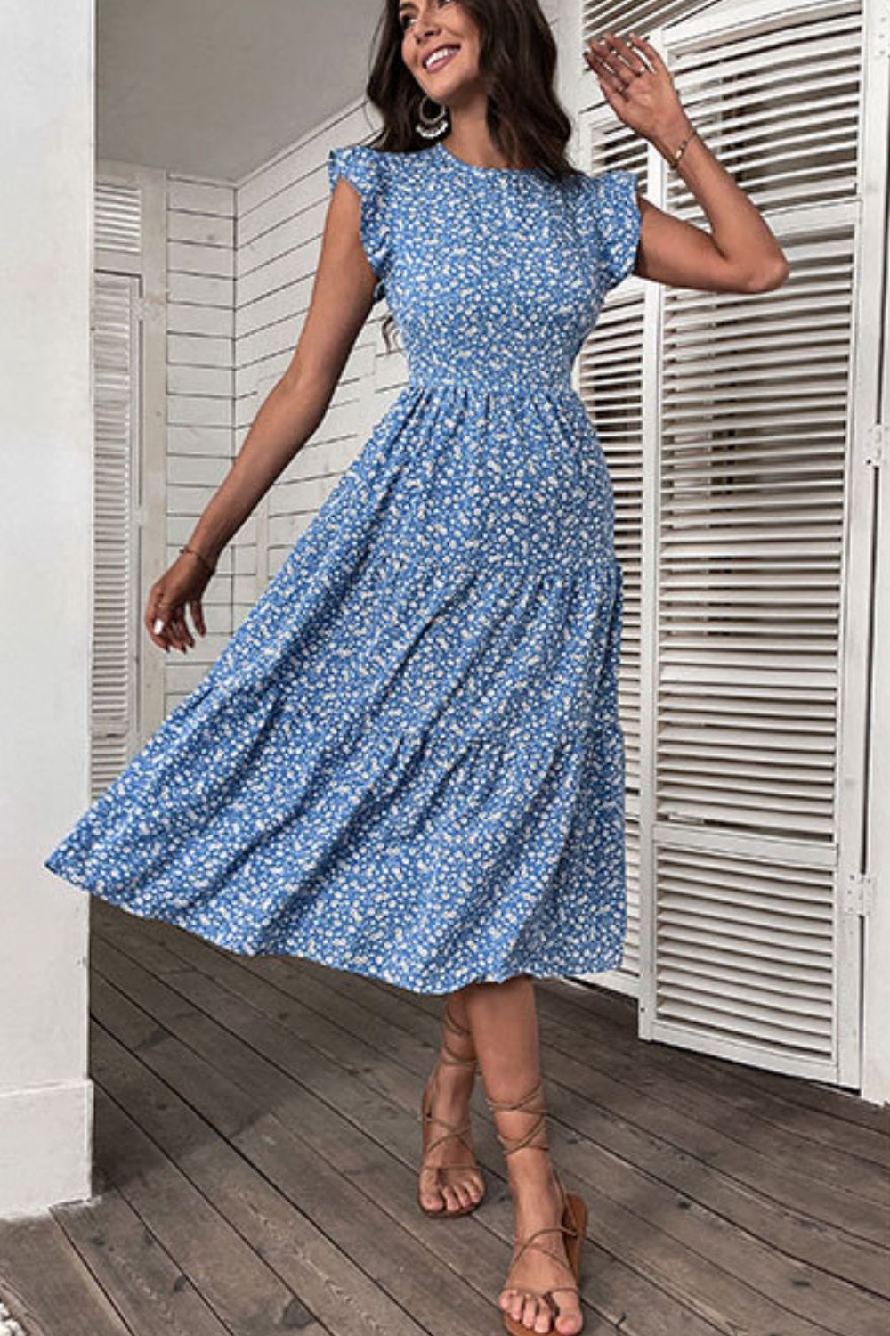 Ditsy Floral Butterfly Sleeve Midi Dress