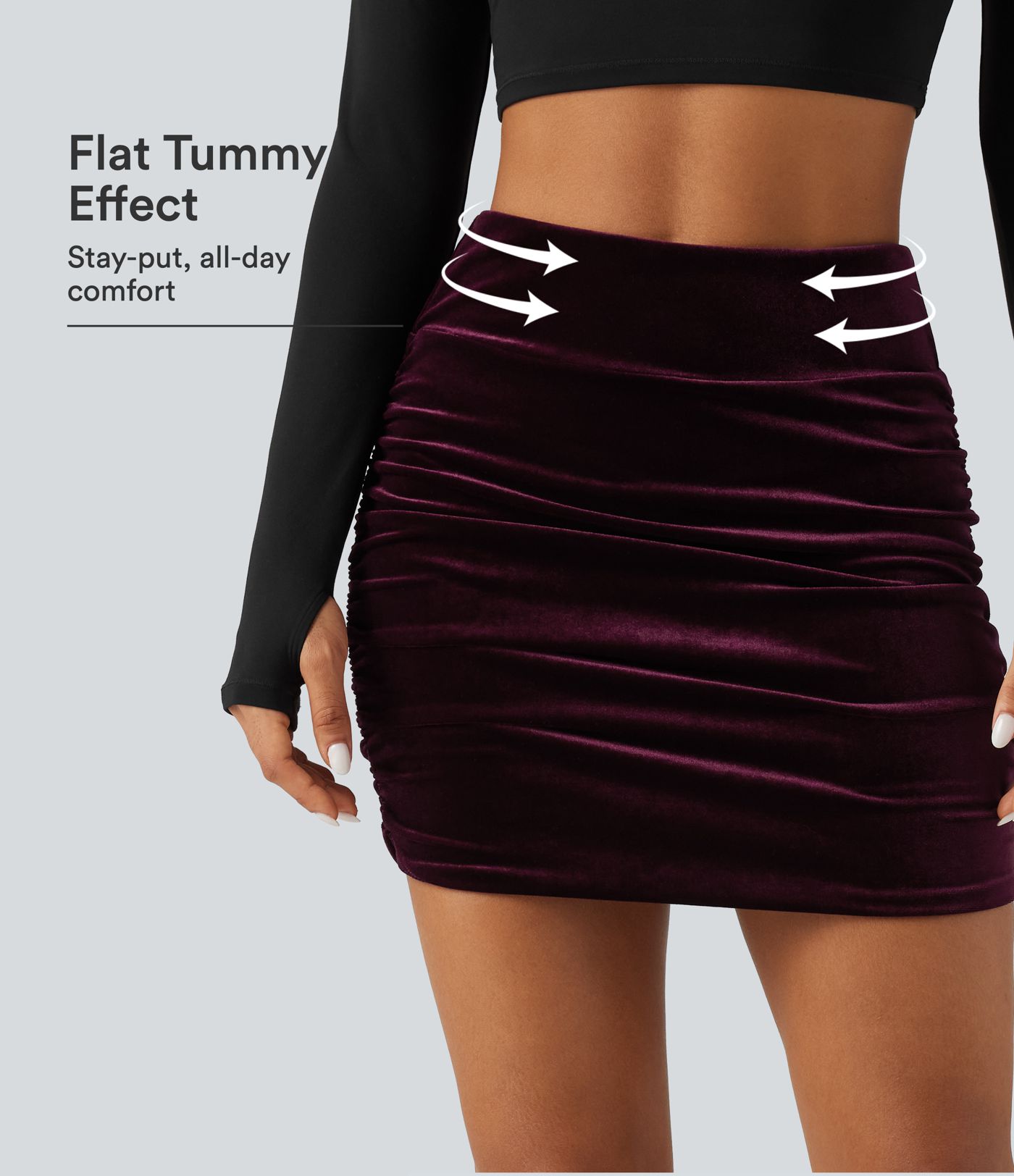 Jupe-short mini en velours taille haute gainante, moulante et froncée, coupe longue