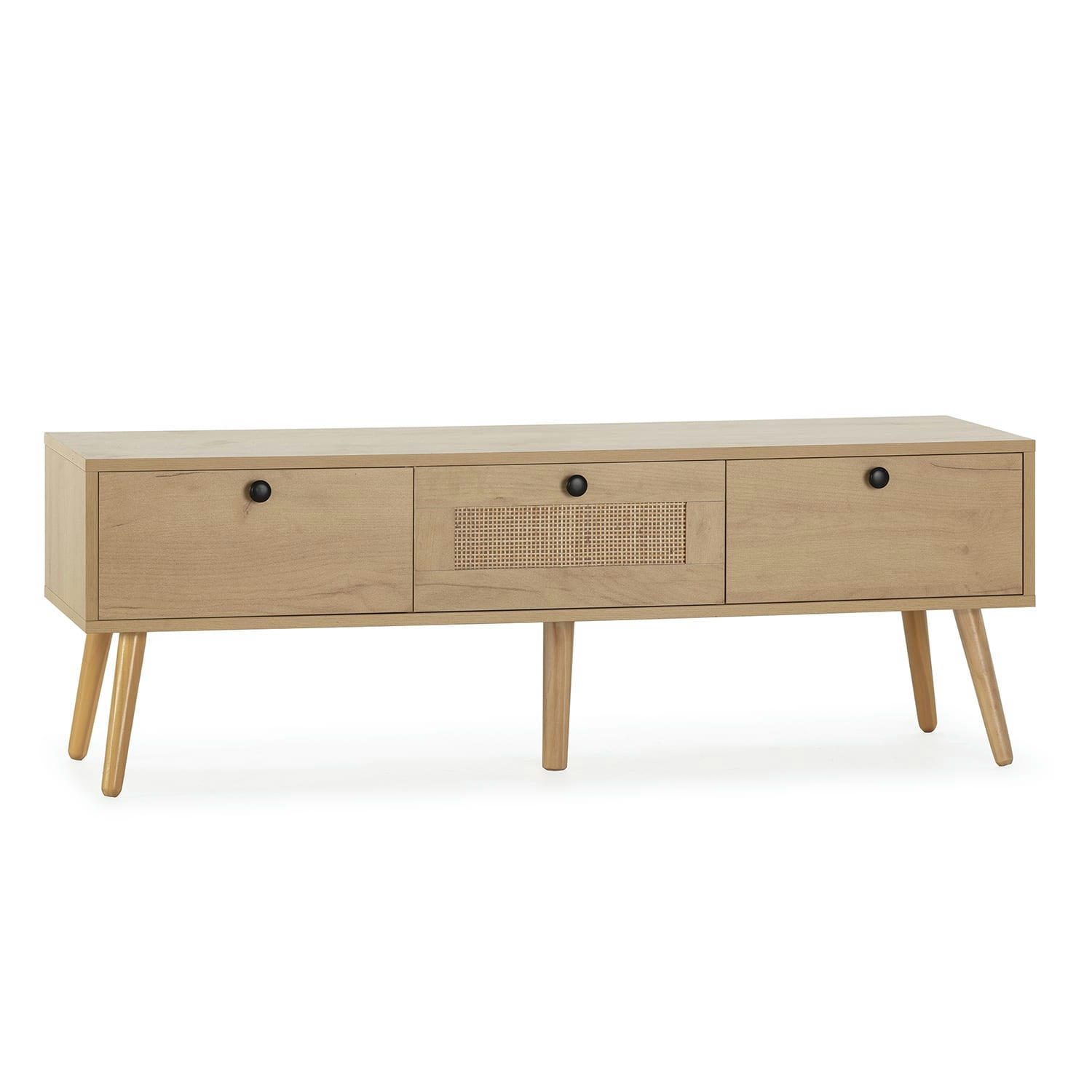 BELLA - Meuble tv 3 portes couleur chêne avec rotin naturel