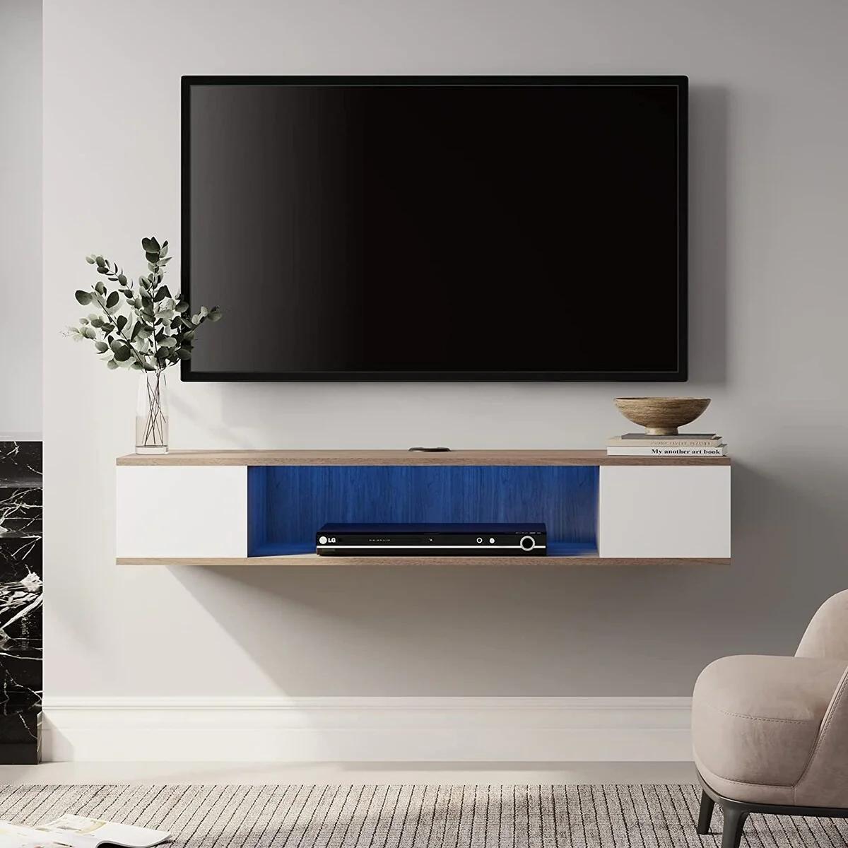 FITUEYES Floating TV Stand Wall Mounted Entertainment Center Media Console Wood Wall TV Shelf, Gray &Creamy White