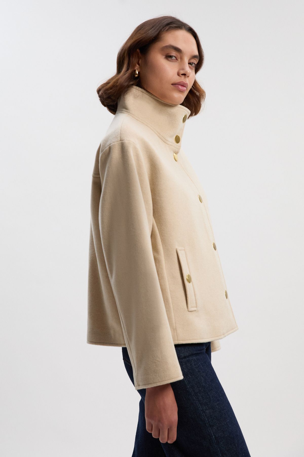 KarenMillen Brushed Wool Funnel Neck Tailored Short Coat