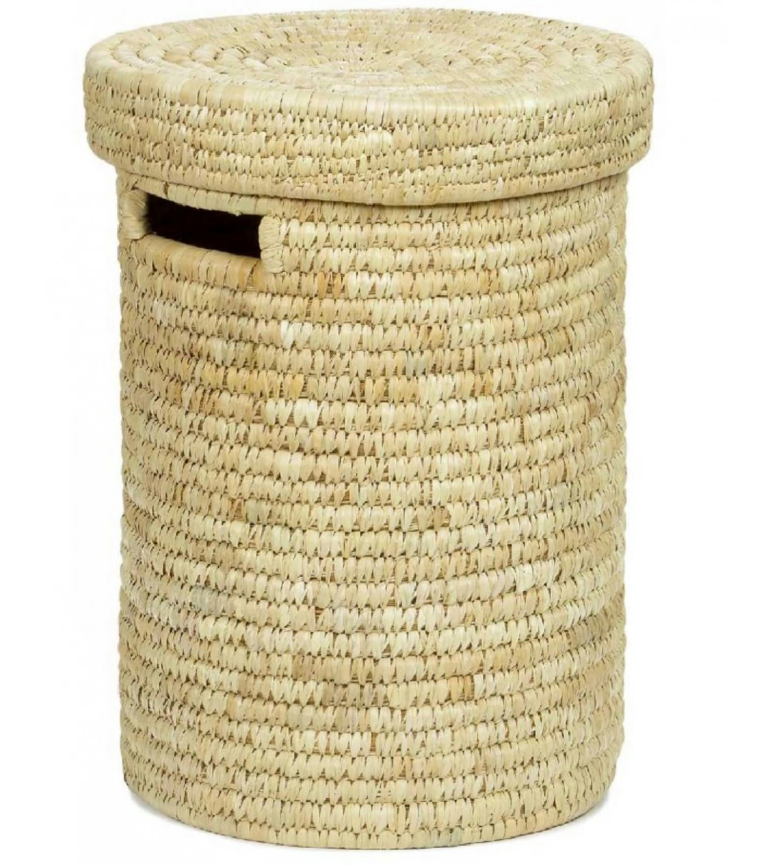 PALMIER - Panier à linge rond en feuilles de palmier tressées avec couvercle