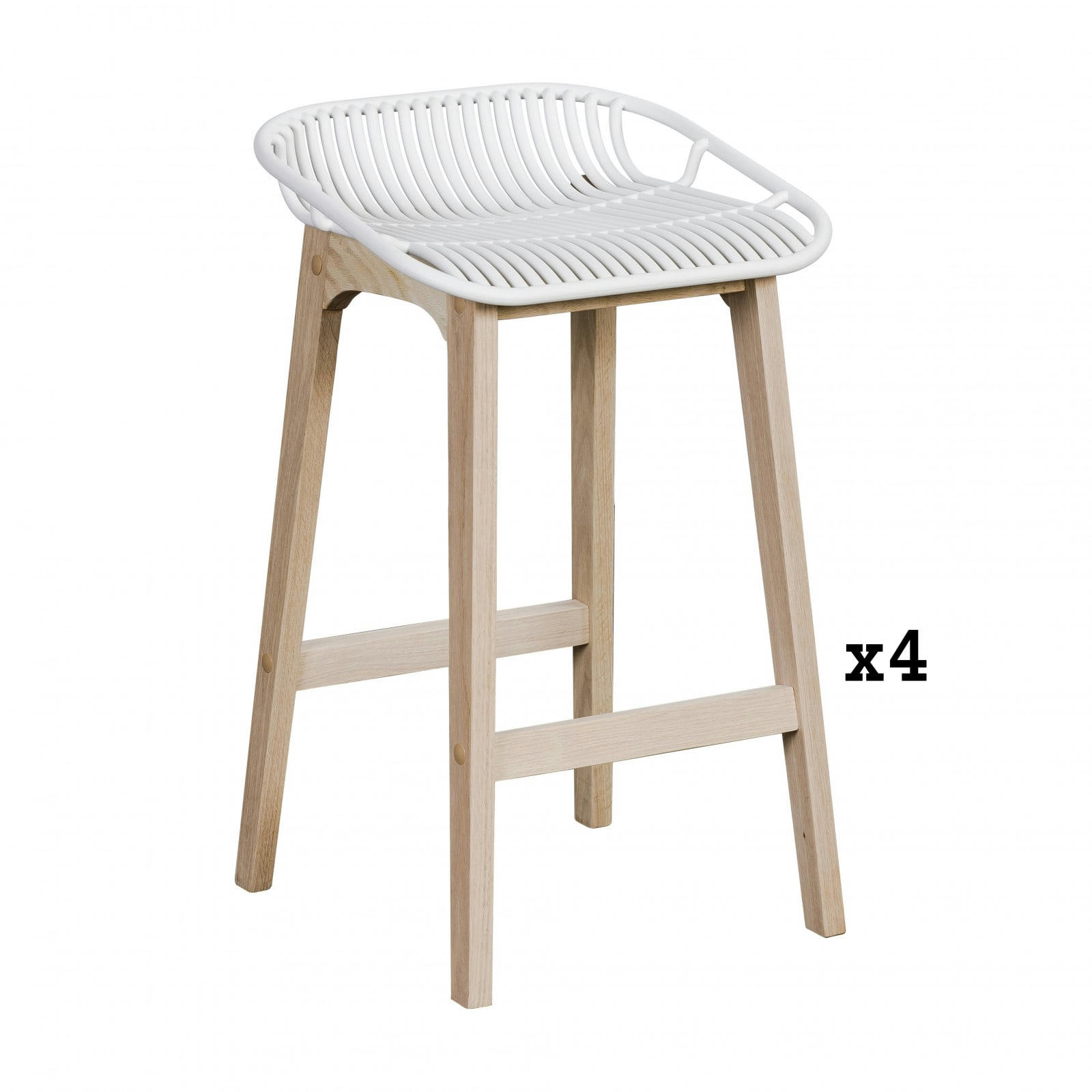 MALMO - Tabourets d'ilot 65 cm  pieds chêne assise plastique blanche -Lot de 4