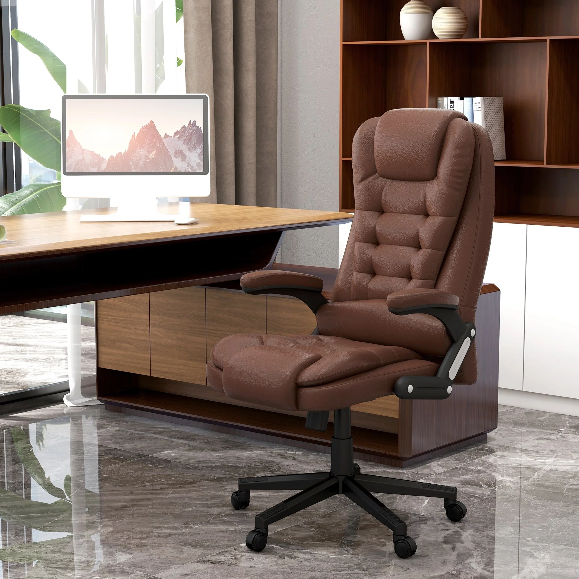 PU Leather 360° Swivel High Back Office Recliner with Vibration Massage, Lumbar Heating, and Adjustable Height