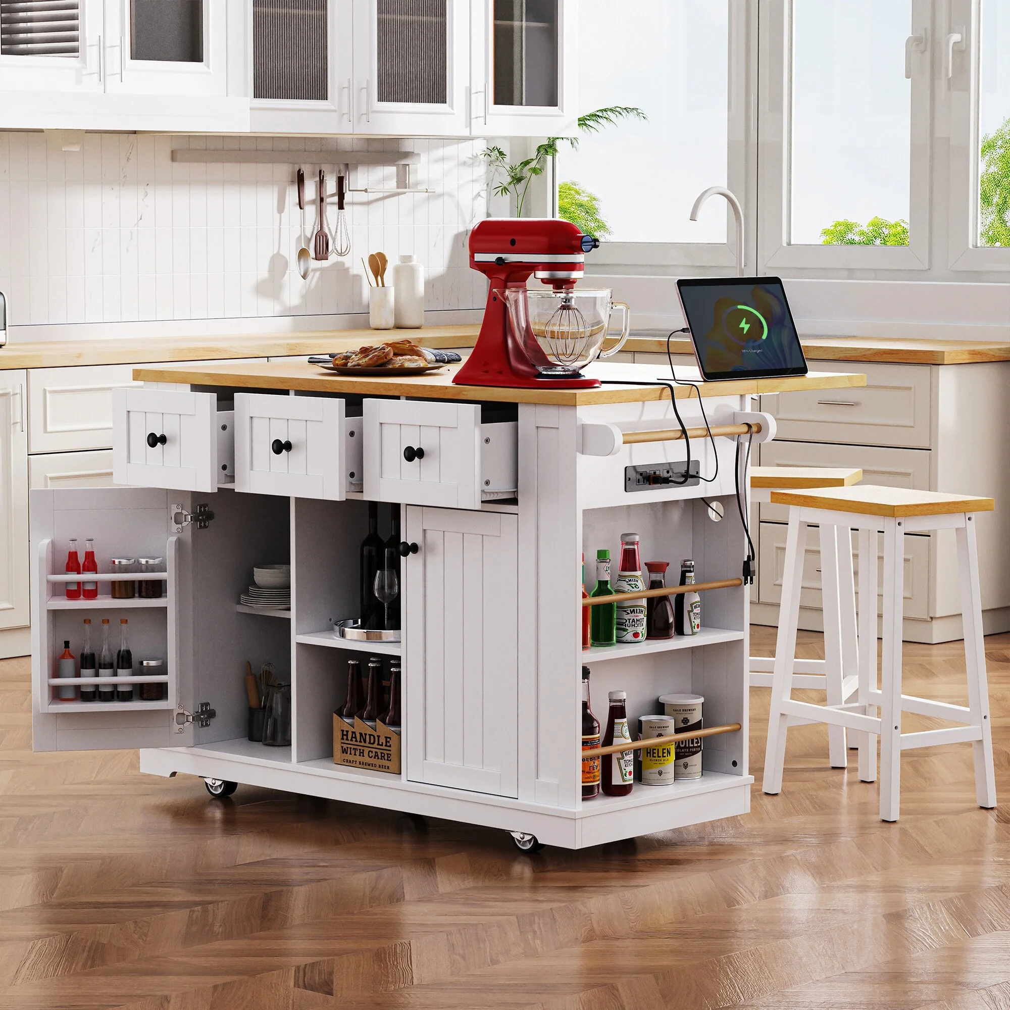 Large Kitchen Island with 2 Bar Stools, Power Outlet, Built-in Storage Rack, Rolling Storage Cart with Open Side Racks, Drawers
