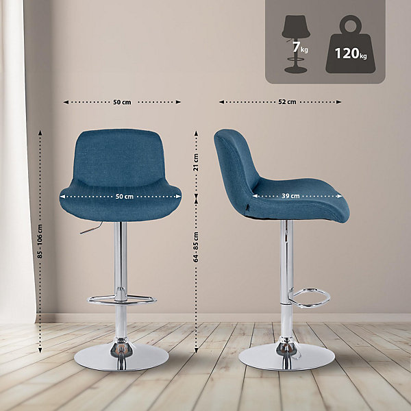 Lot de 2 tabourets de bar Solon chromés, velours ou tissu, réglables, pivotants, rembourrés. Bleu/Tissu