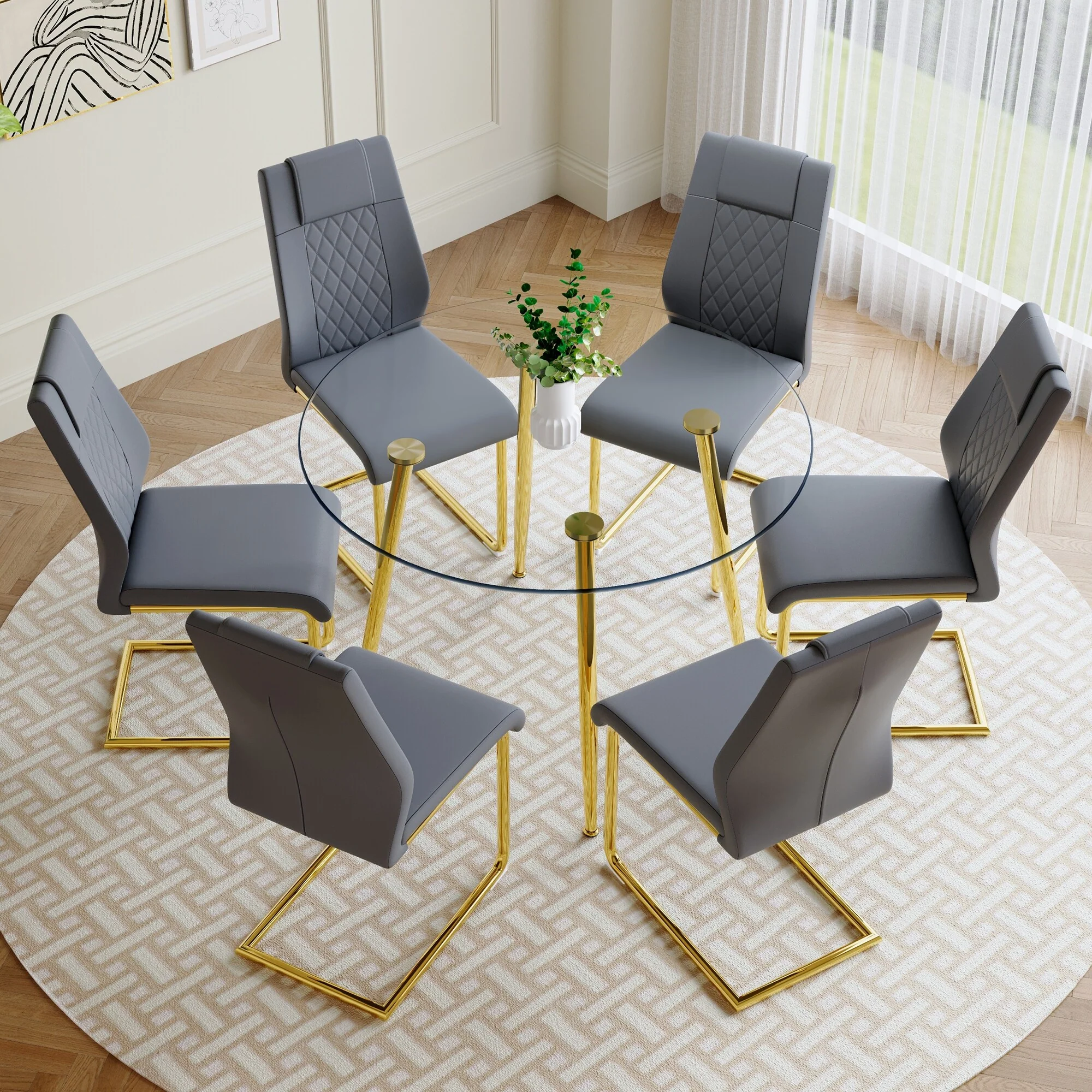 Modern Style Dining Set with Round Transparent Tempered Glass Table and PU High Back Dining Chairs