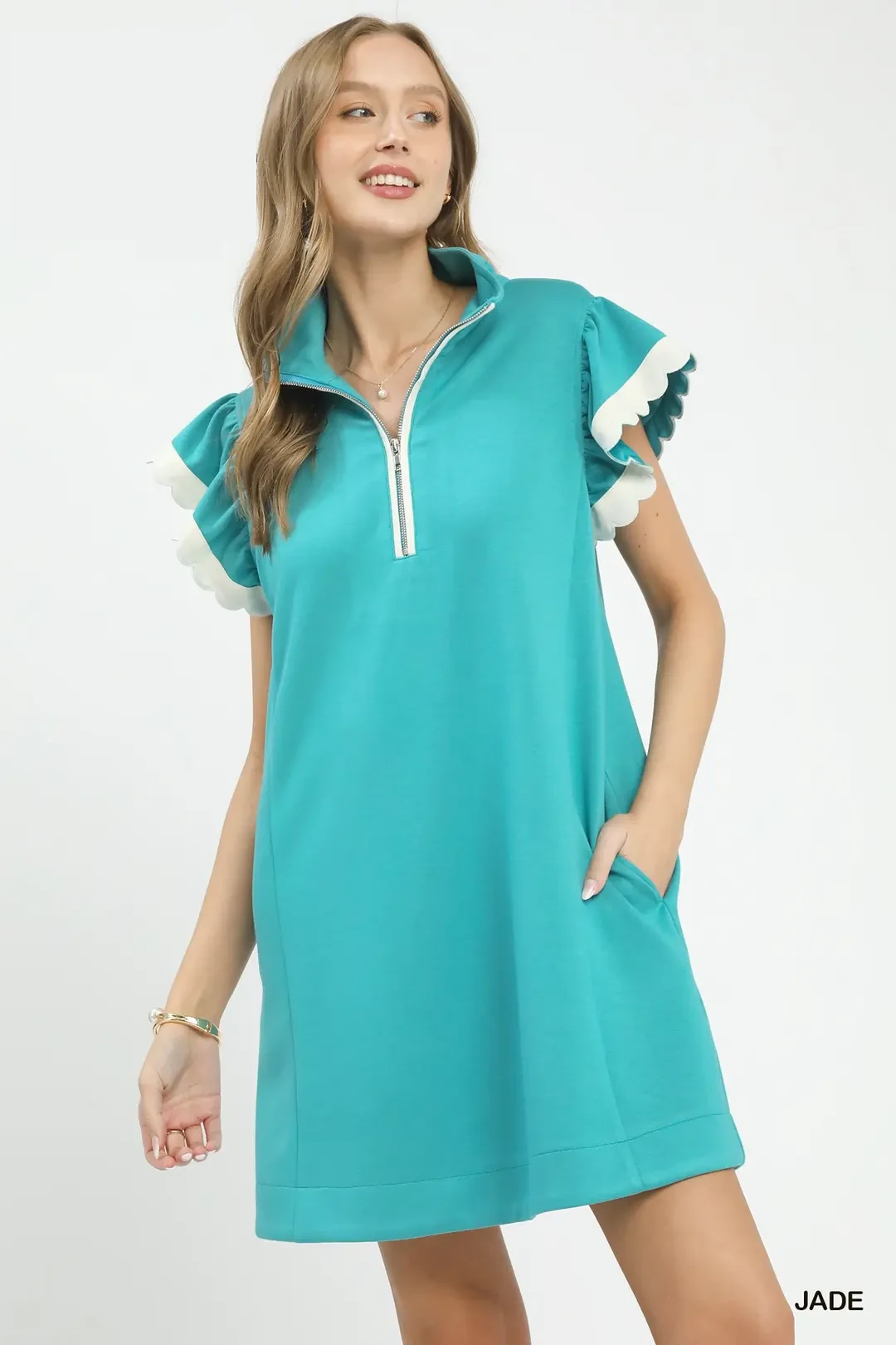 Zip-Neck Flutter Sleeve Dress