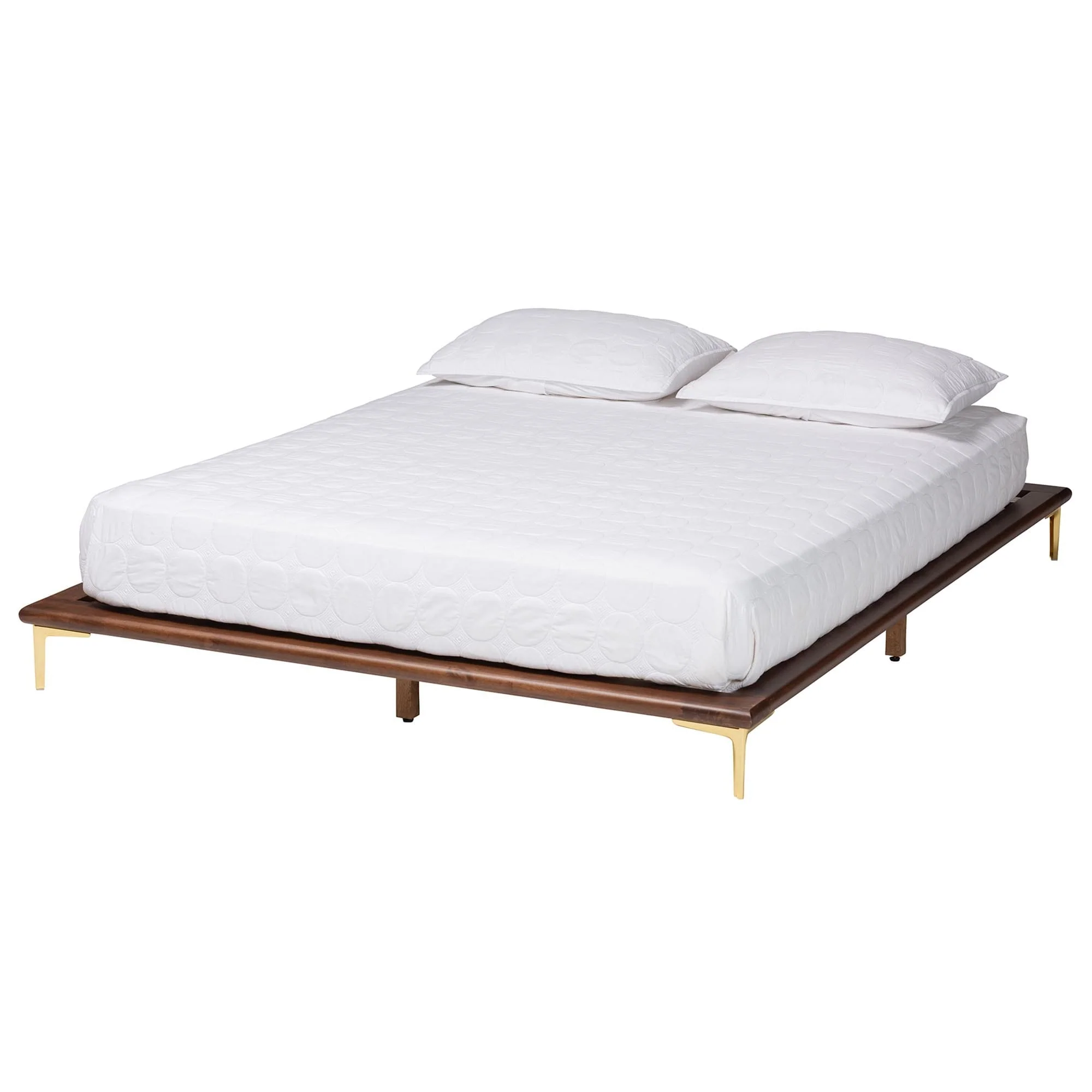 Channary Mid-Century Modern Transitional Walnut Brown Finished Wood and Gold Metal Bed Frame