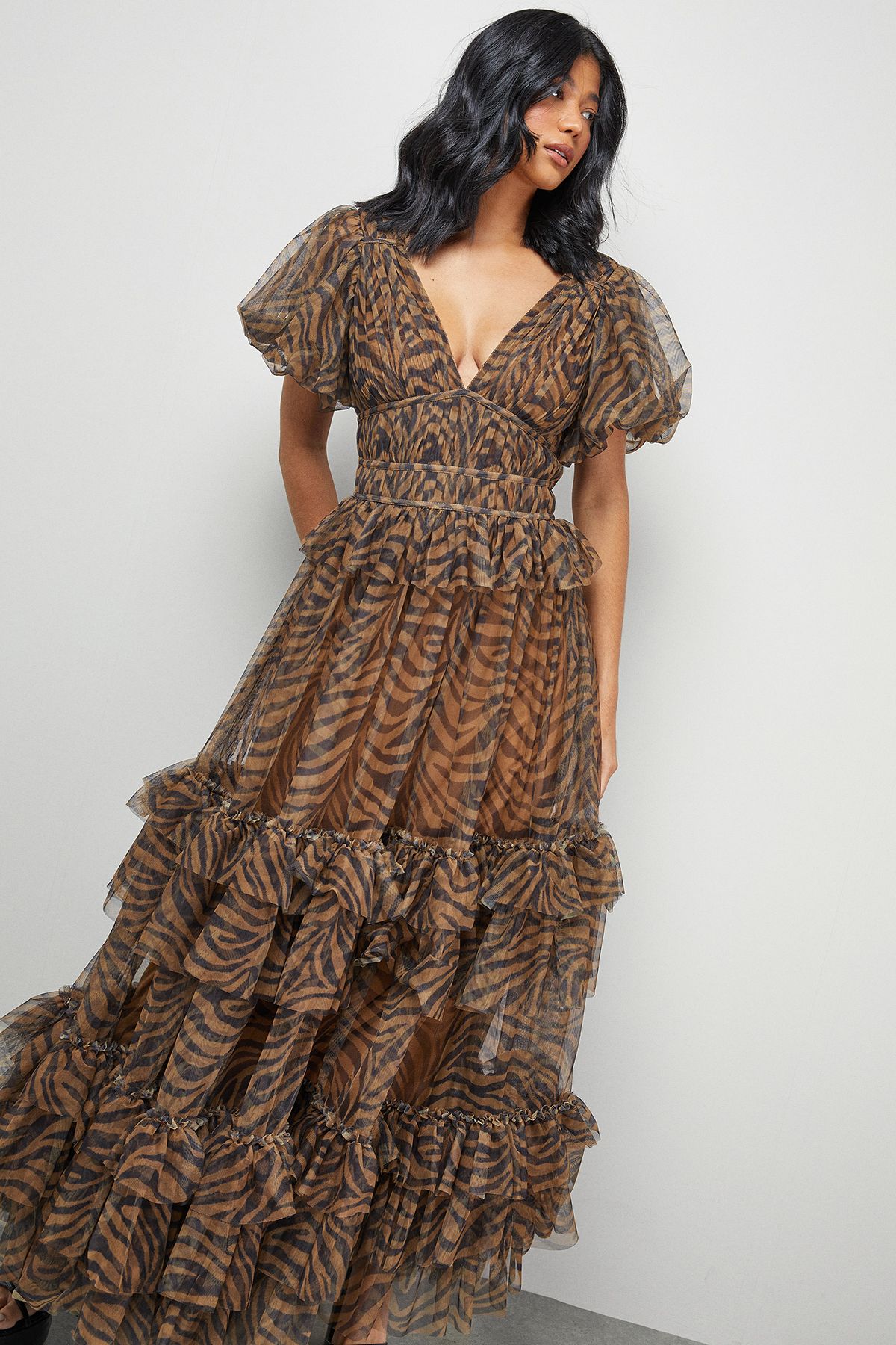Warehouse Zebra Print Tulle Ruffle Maxi Dress