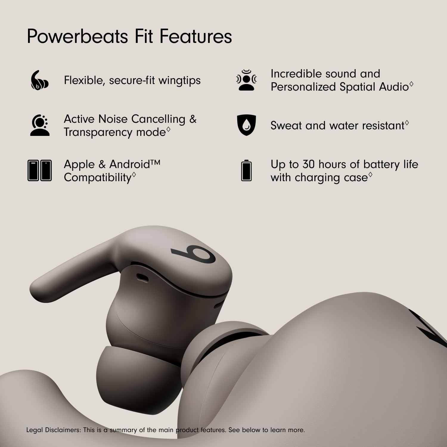 Beats - Powerbeats Fit - Wireless Noise-Cancelling Workout Earbuds with Ultimate Secure Fit with USB-C Charging Cable (1.5m) - Gravel Gray