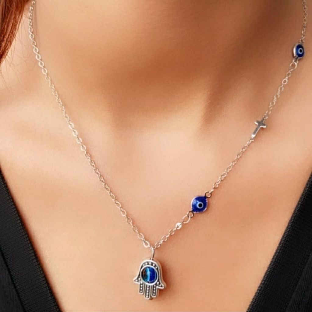 The Colourful Aura Half Evil Eye Cross Hamsa Charm Pendant Choker Protection Necklace