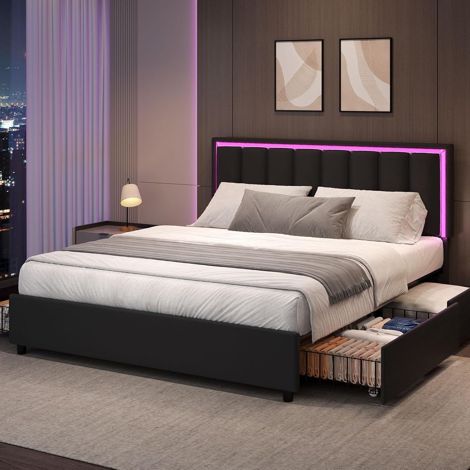 Queen Size Bed Frame with 4 Storage Drawers, Faux Leather Upholstered Bed Frame Queen with Headboard, RGB LED Ligths, Heavy Duty Metal and Wood Slat Support, No Box Spring Needed, Easy Assembly, Black