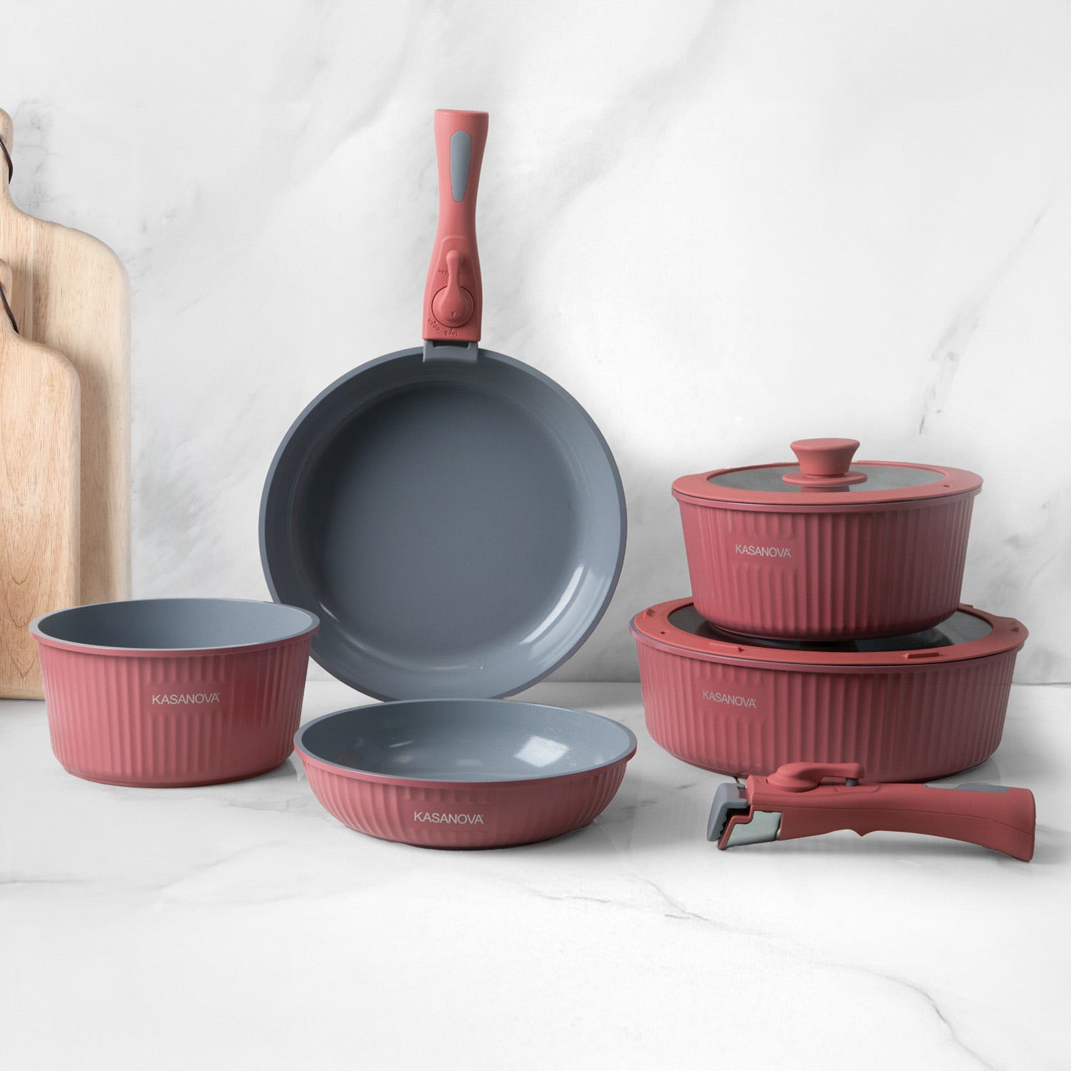 Batteria pentola 9 pezzi rosa Eaziclip con manici staccabili
