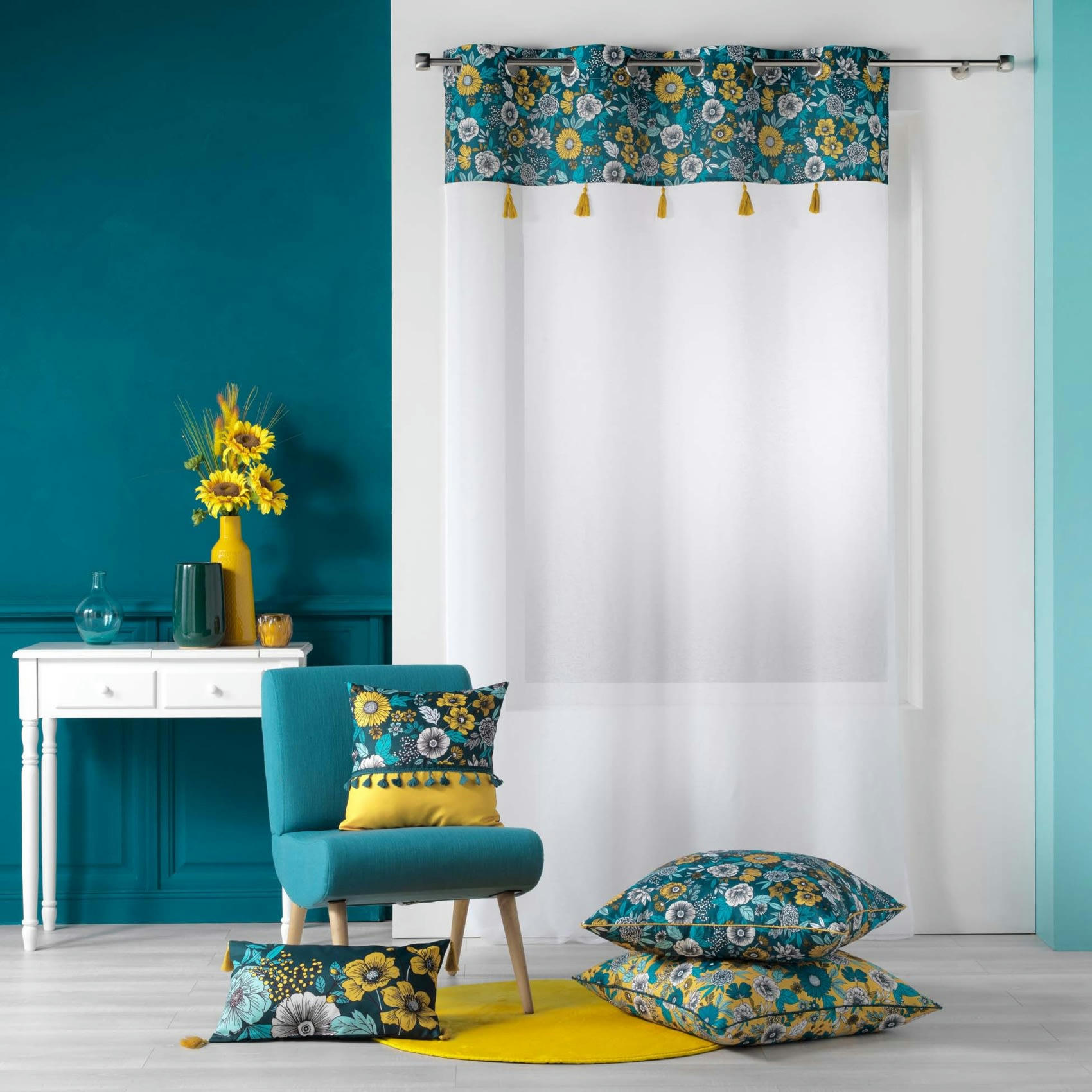 BOHOFLORA - Voilage sablé imprimé floral polyester bleu 240x140cm