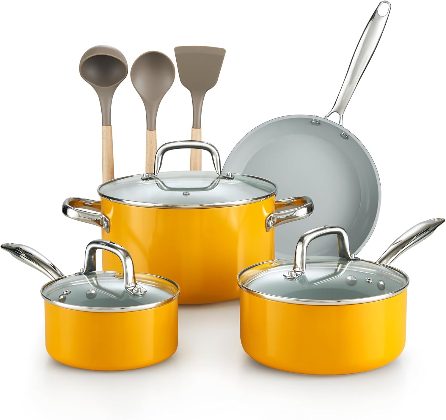 Cook N Home 10 Pcs Ceramic Pots and Pans Cookware Set, Non Stick & Non-Toxic Health Kitchen Cook Ware Sets, Yellow