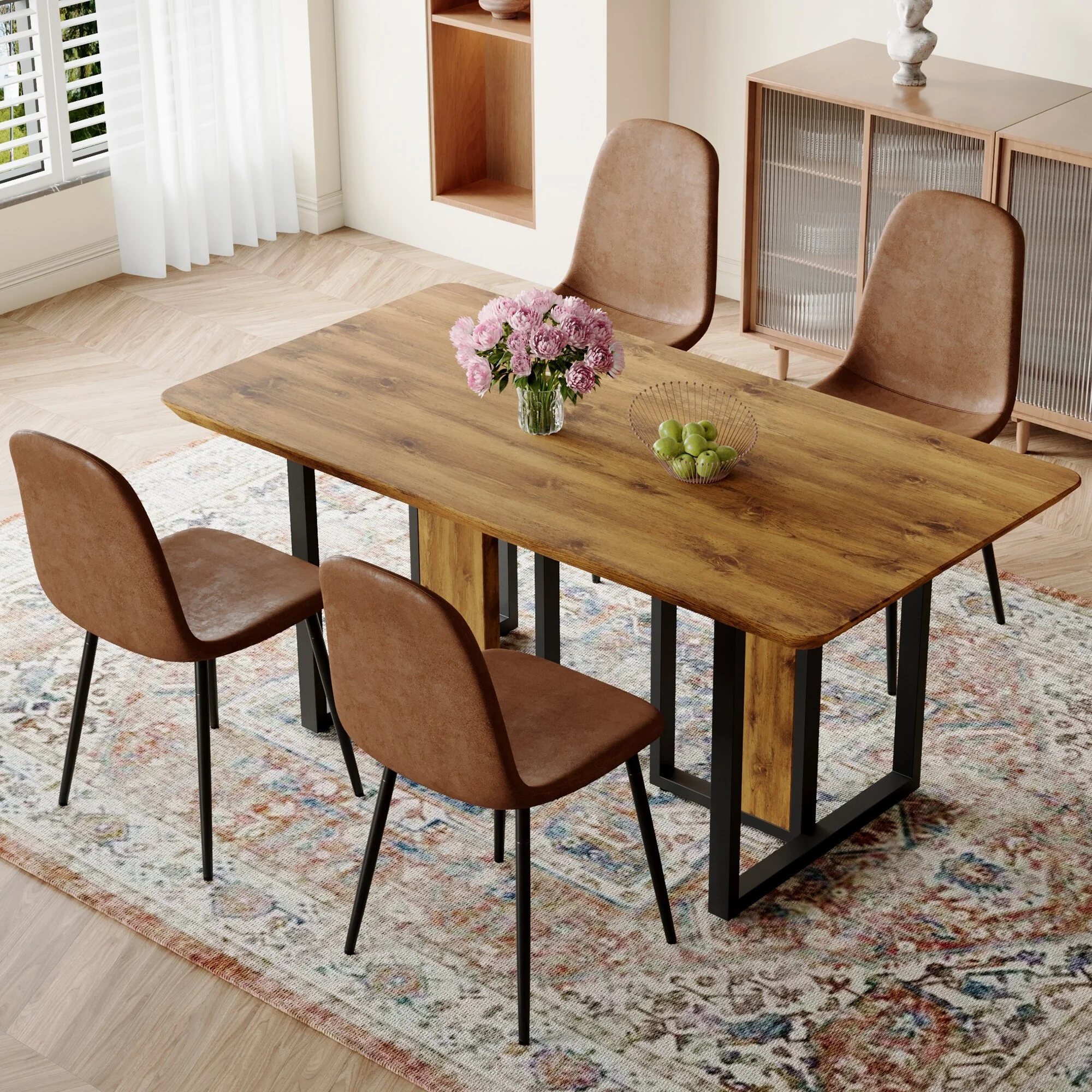 Rectangular Dining Table Set for 4, 5-Piece Modern Wood Dining Set with 4 Brown Suede Chairs for Home, Kitchen