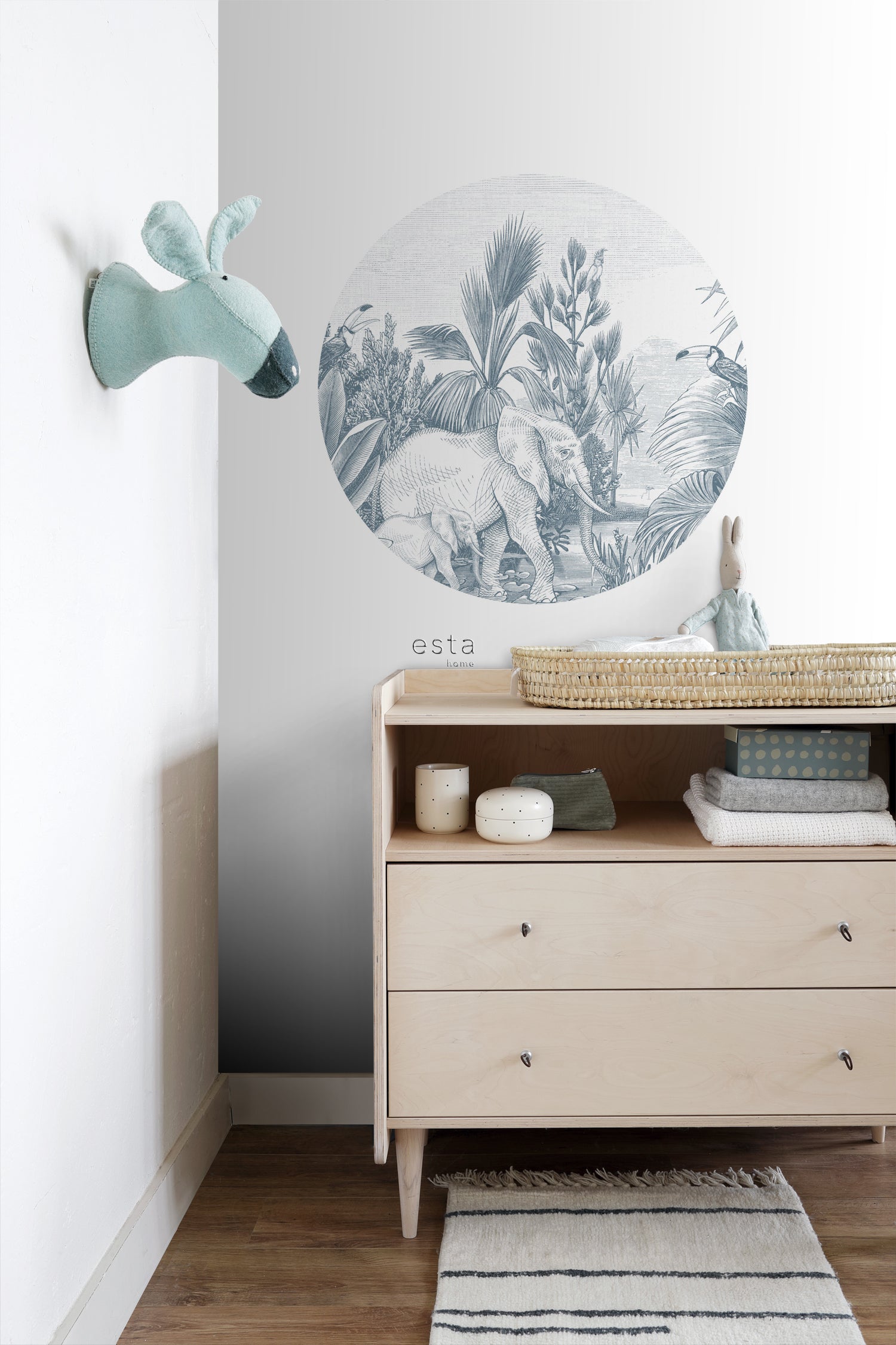 ESTAhome zelfklevende behangcirkel jungle-motief blauw - Ø 70 cm - 159078